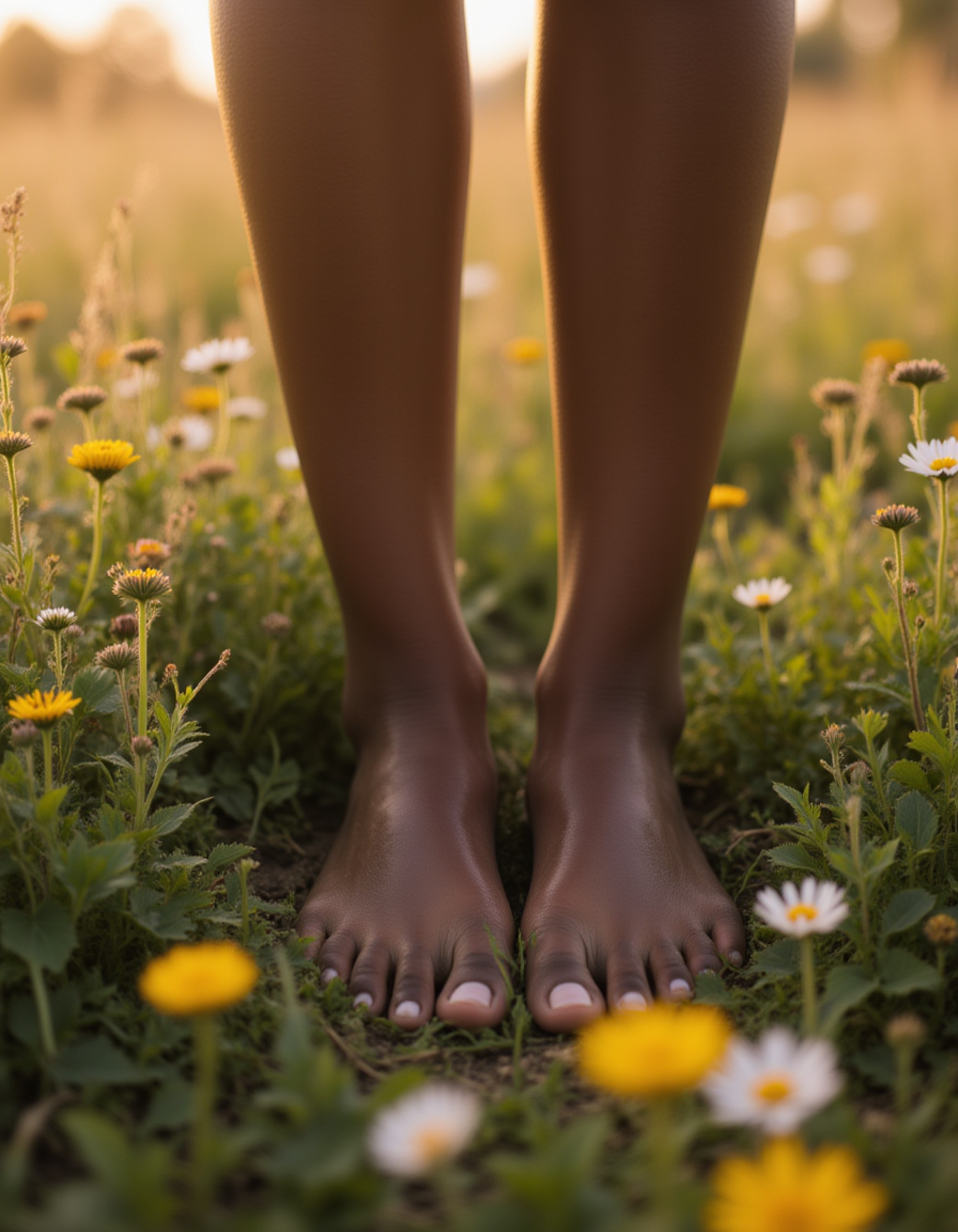 Model's bare feet sinking into soft, dew-kissed grass in a meadow at dawn, with wildflowers scattered around, also showing the bottom of feet.
