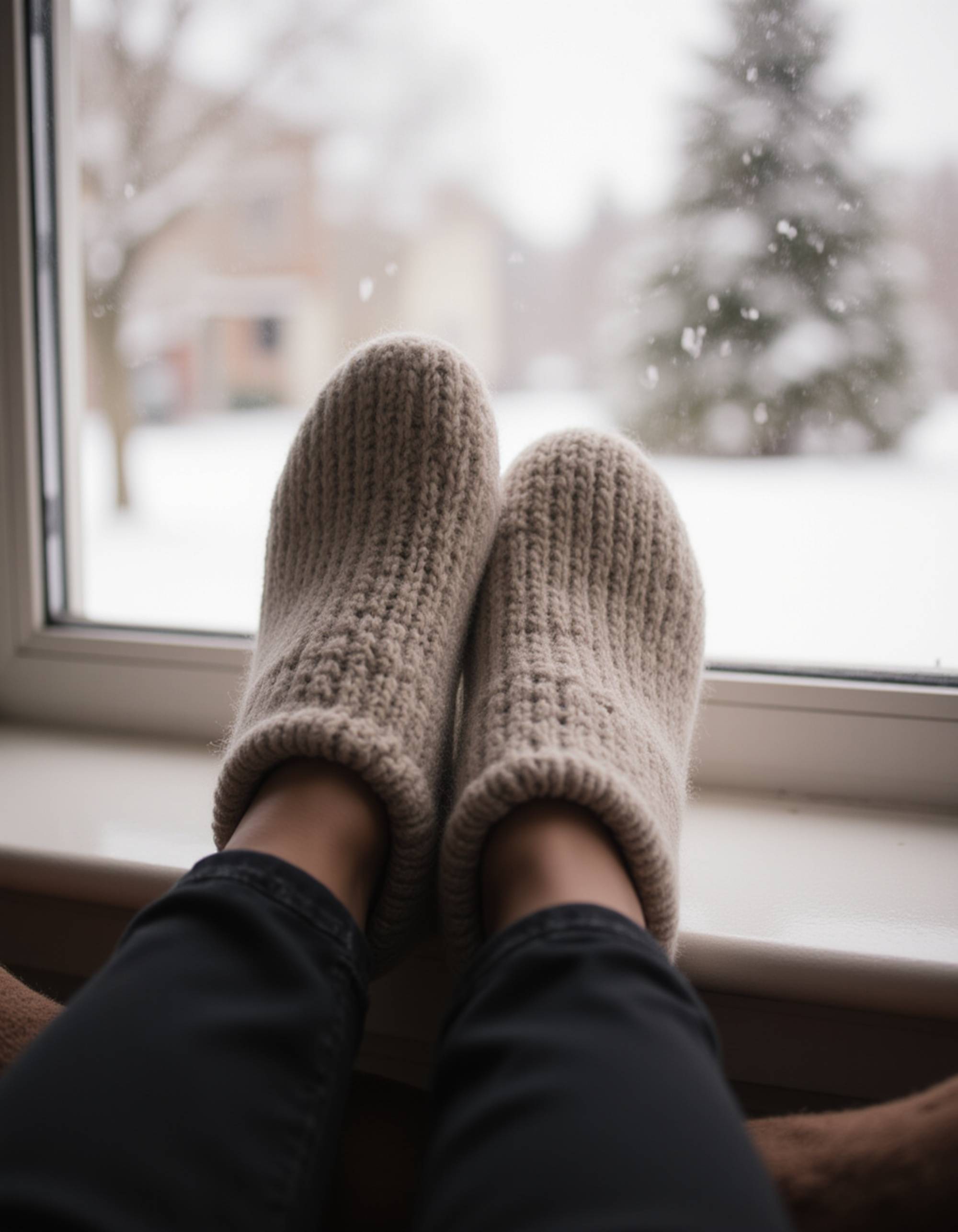 Model's feet in cozy wool slippers, curled up on a window seat with falling snow visible outside, creating a warm and serene scene, also showing the bottom of feet.