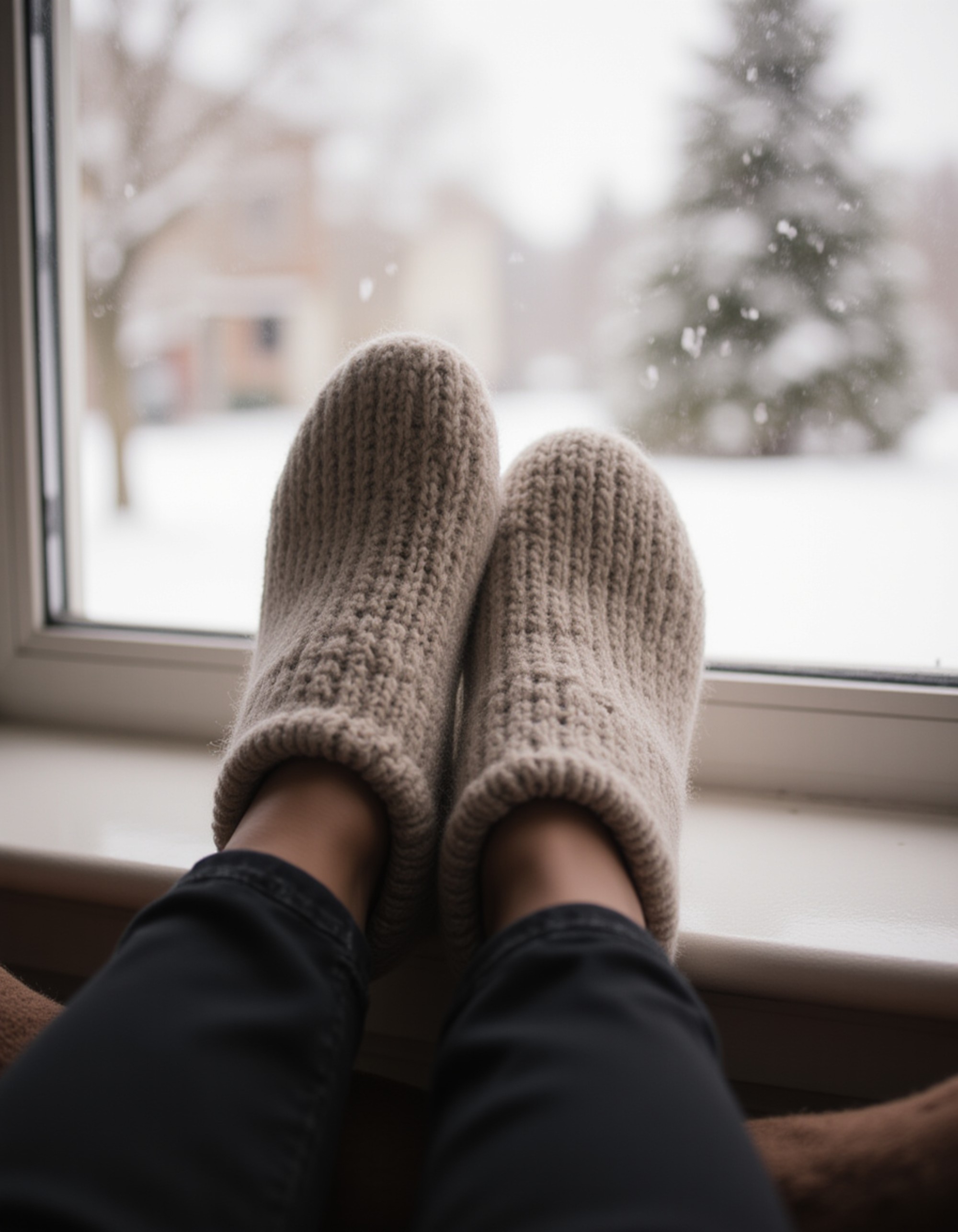 Model's feet in cozy wool slippers, curled up on a window seat with falling snow visible outside, creating a warm and serene scene, also showing the bottom of feet.