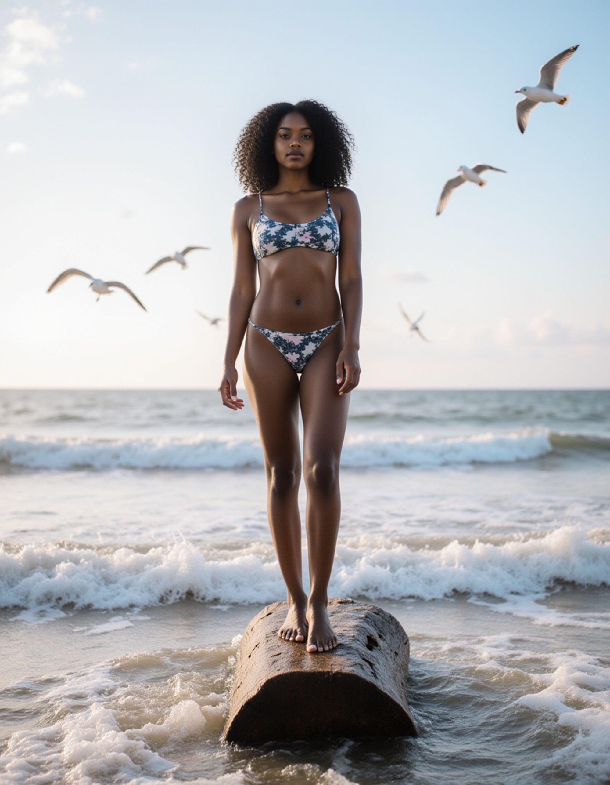 Model's bare feet balanced on a driftwood log by the ocean, with crashing waves and seagulls soaring in the background, also showing the bottom of feet.