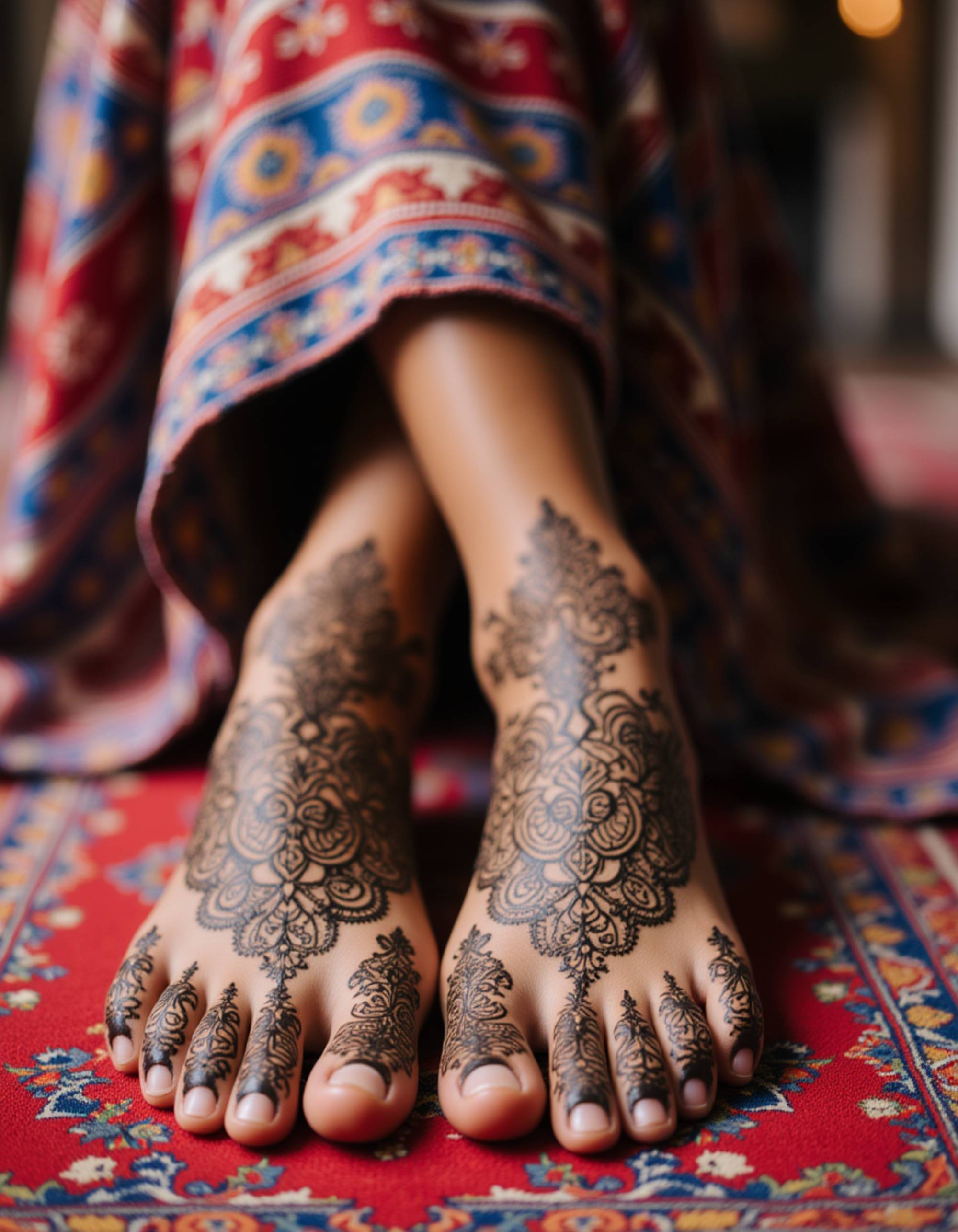 Model's feet adorned with intricate henna designs, resting on a colorful silk rug in a vibrant bazaar setting, also showing the bottom of feet.