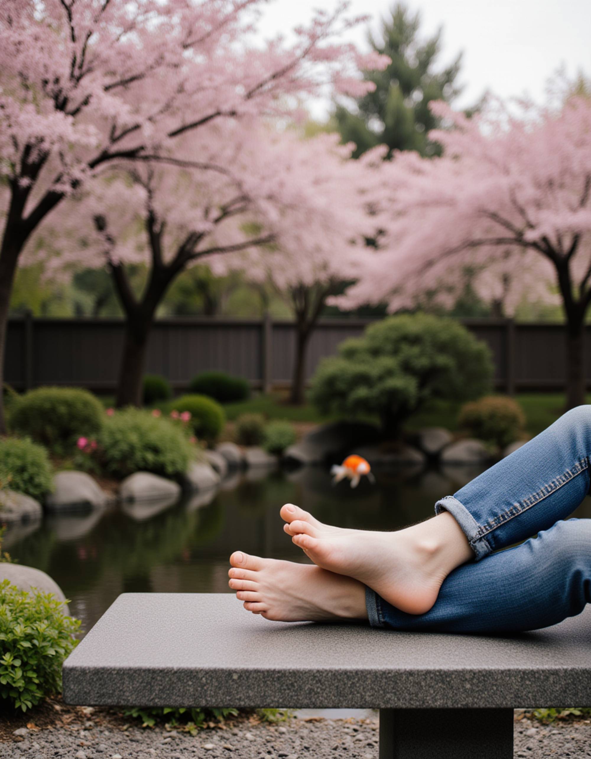 Model's bare feet resting on a cool stone bench in a zen garden, with a koi pond and cherry blossoms in the background, also showing the bottom of feet.