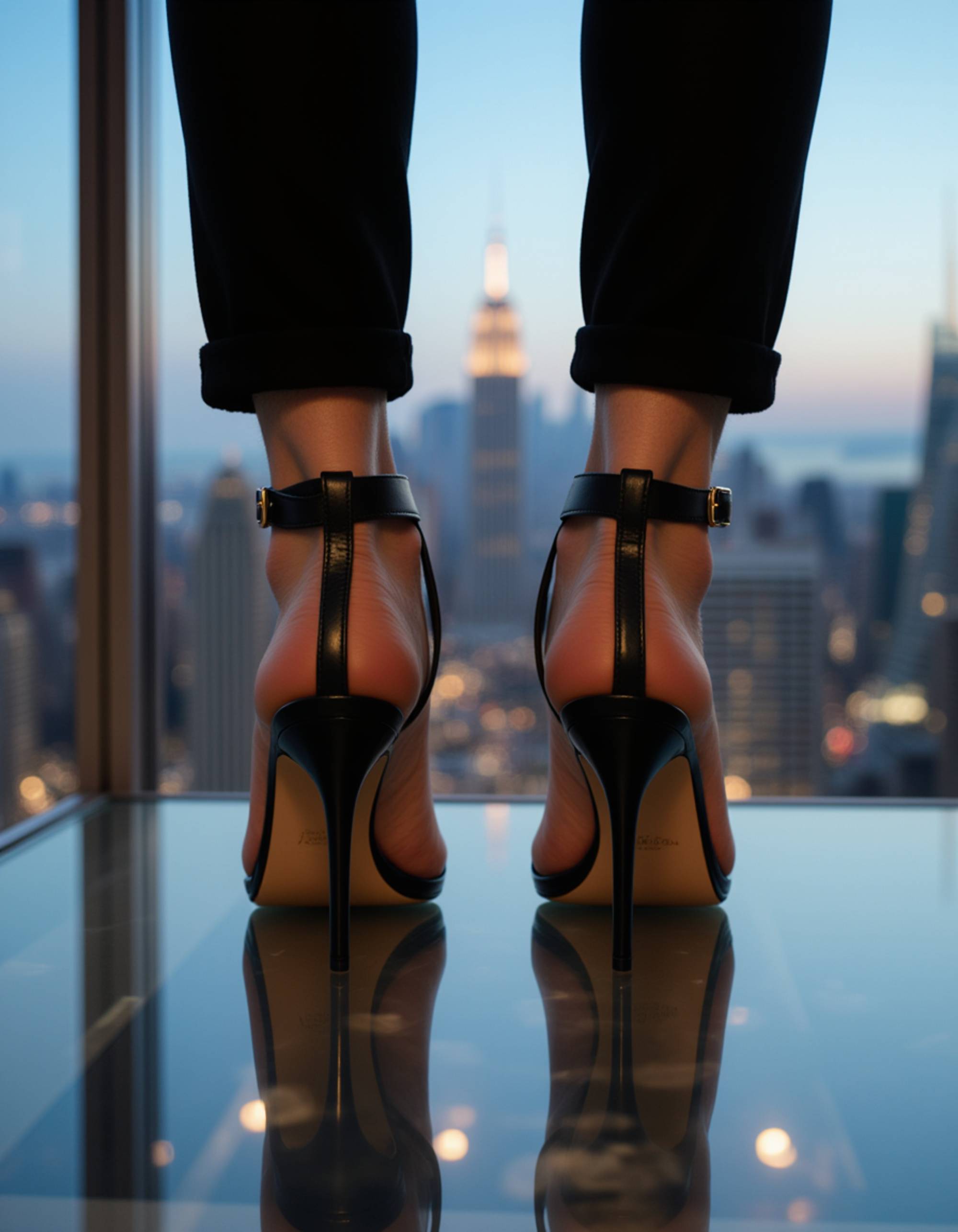 Close-up of model's feet in elegant high-heeled sandals, standing on a glass floor with a glowing city skyline below, also showing the bottom of feet.