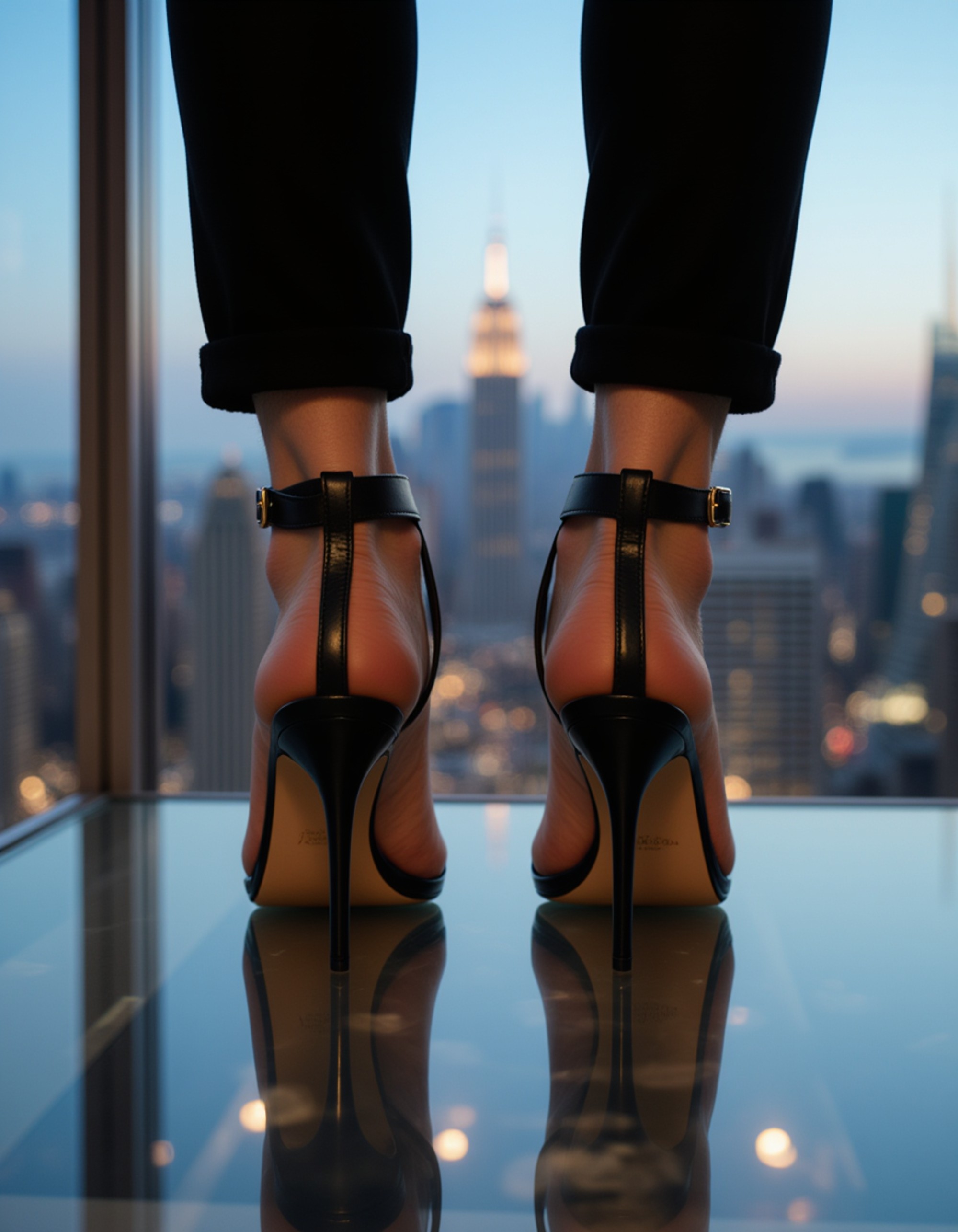 Close-up of model's feet in elegant high-heeled sandals, standing on a glass floor with a glowing city skyline below, also showing the bottom of feet.