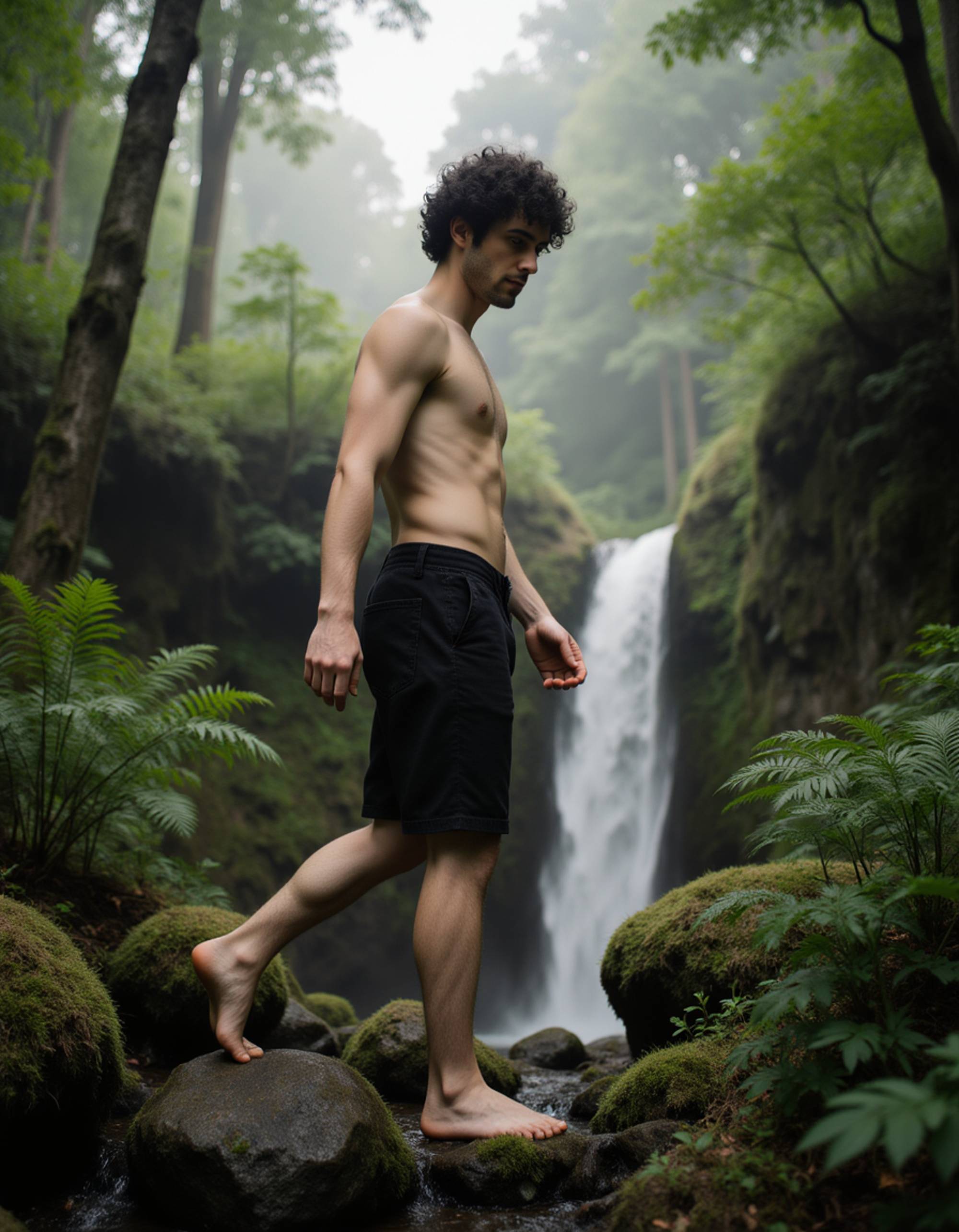 Model's bare feet stepping on soft moss in a misty rainforest, with vibrant green ferns and a cascading waterfall nearby, also showing the bottom of feet.