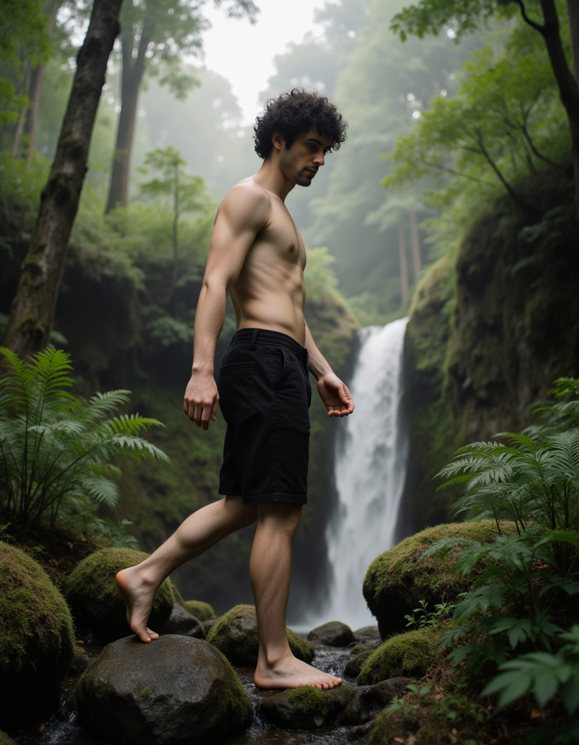 Model's bare feet stepping on soft moss in a misty rainforest, with vibrant green ferns and a cascading waterfall nearby, also showing the bottom of feet.