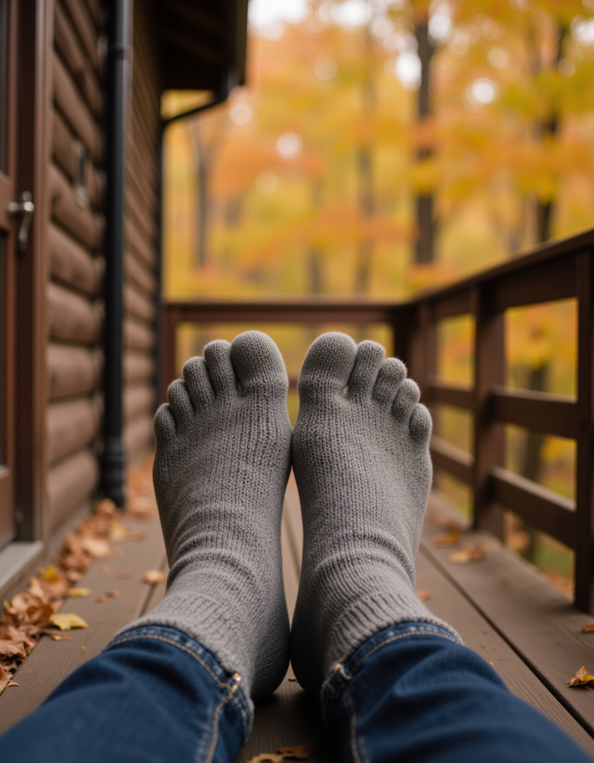 Model's feet in cozy knit socks, resting on a rustic wooden porch with a golden autumn forest in the background, also showing the bottom of feet.