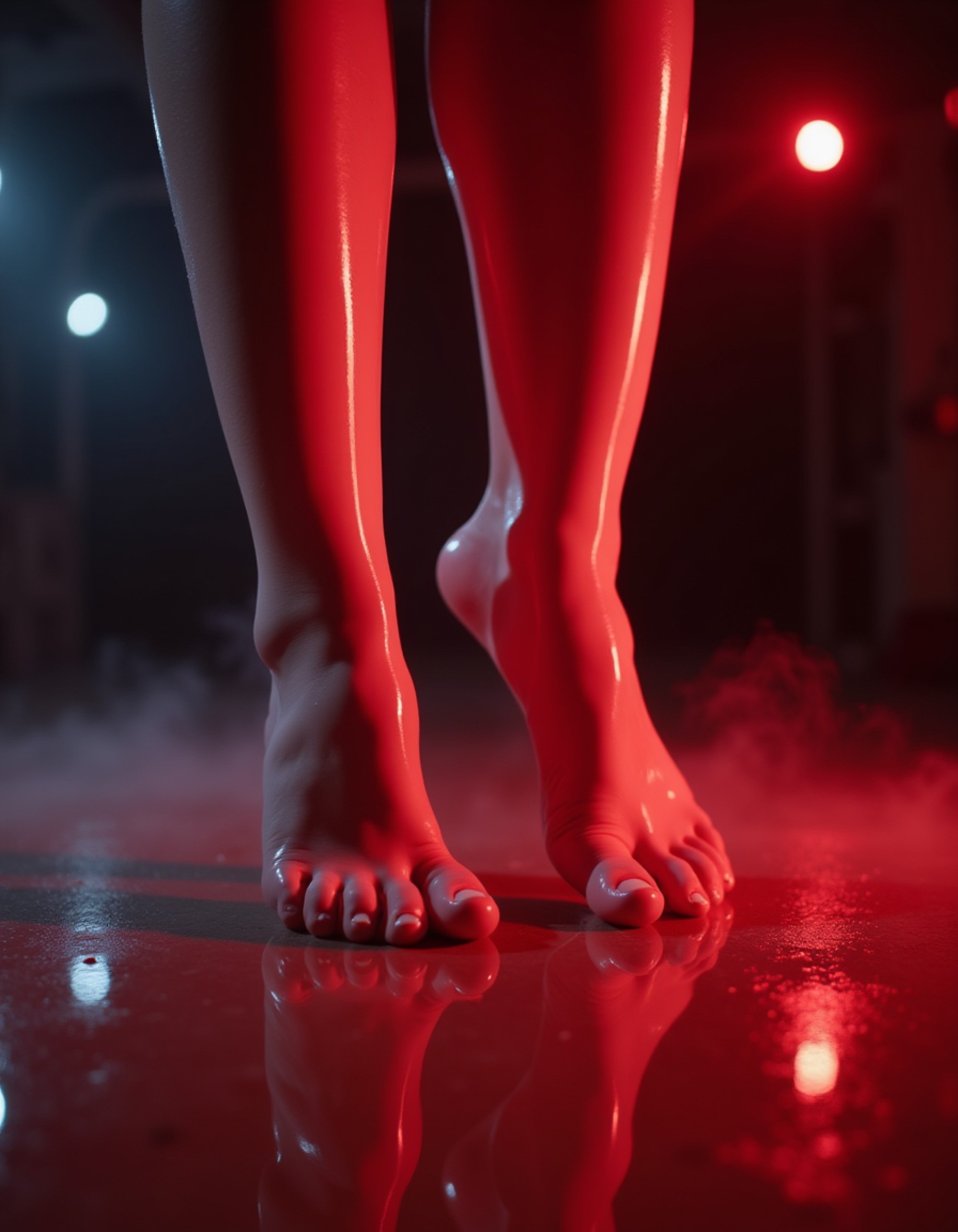 Close-up of model's feet wrapped in shiny latex stockings, standing on a mirrored floor with eerie fog swirling around and dim red lighting casting a surreal glow, also showing the bottom of feet.
