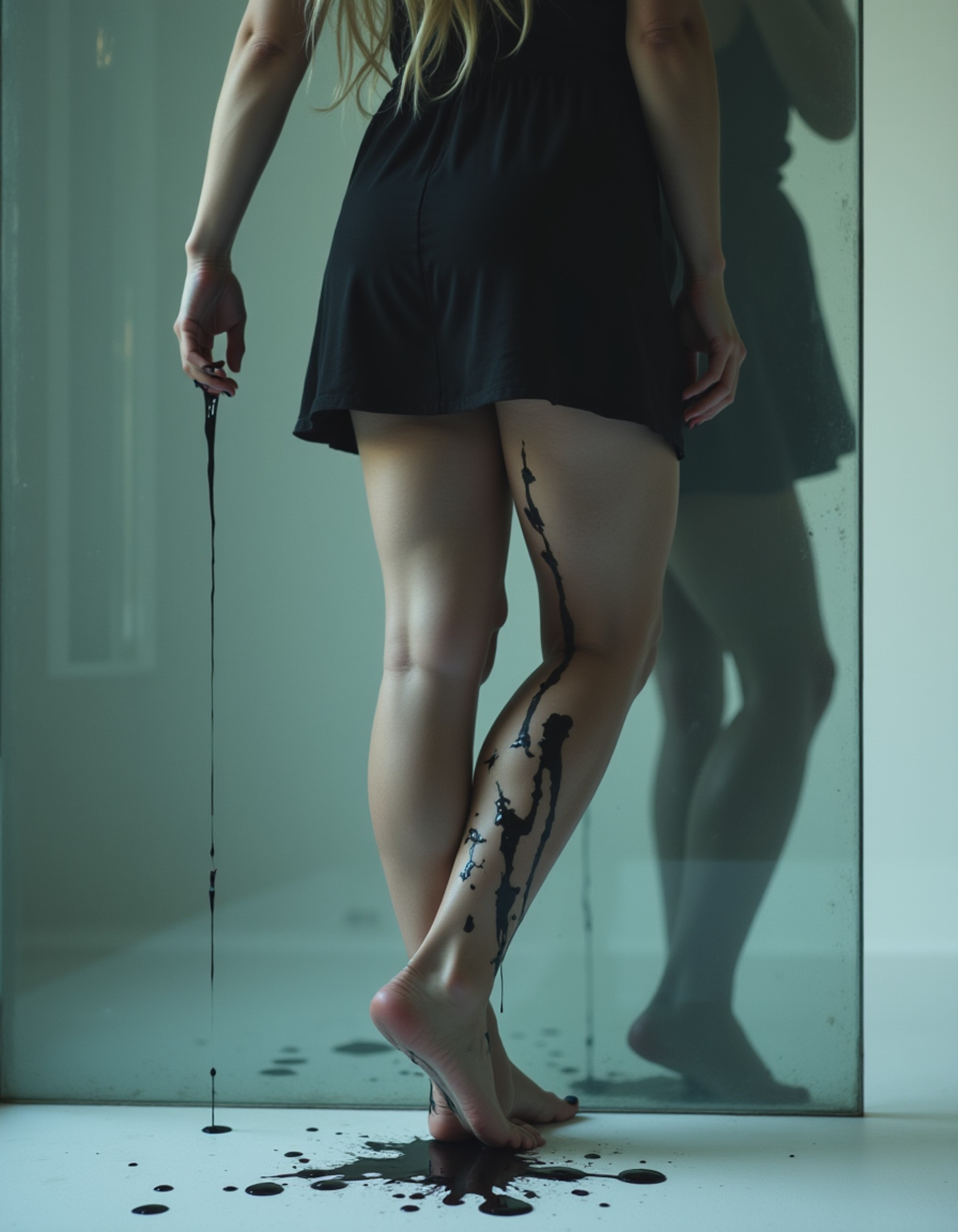 Model's bare feet dripping with black ink, pressed against a translucent glass surface, with a shadowy, abstract figure looming in the background, also showing the bottom of feet.