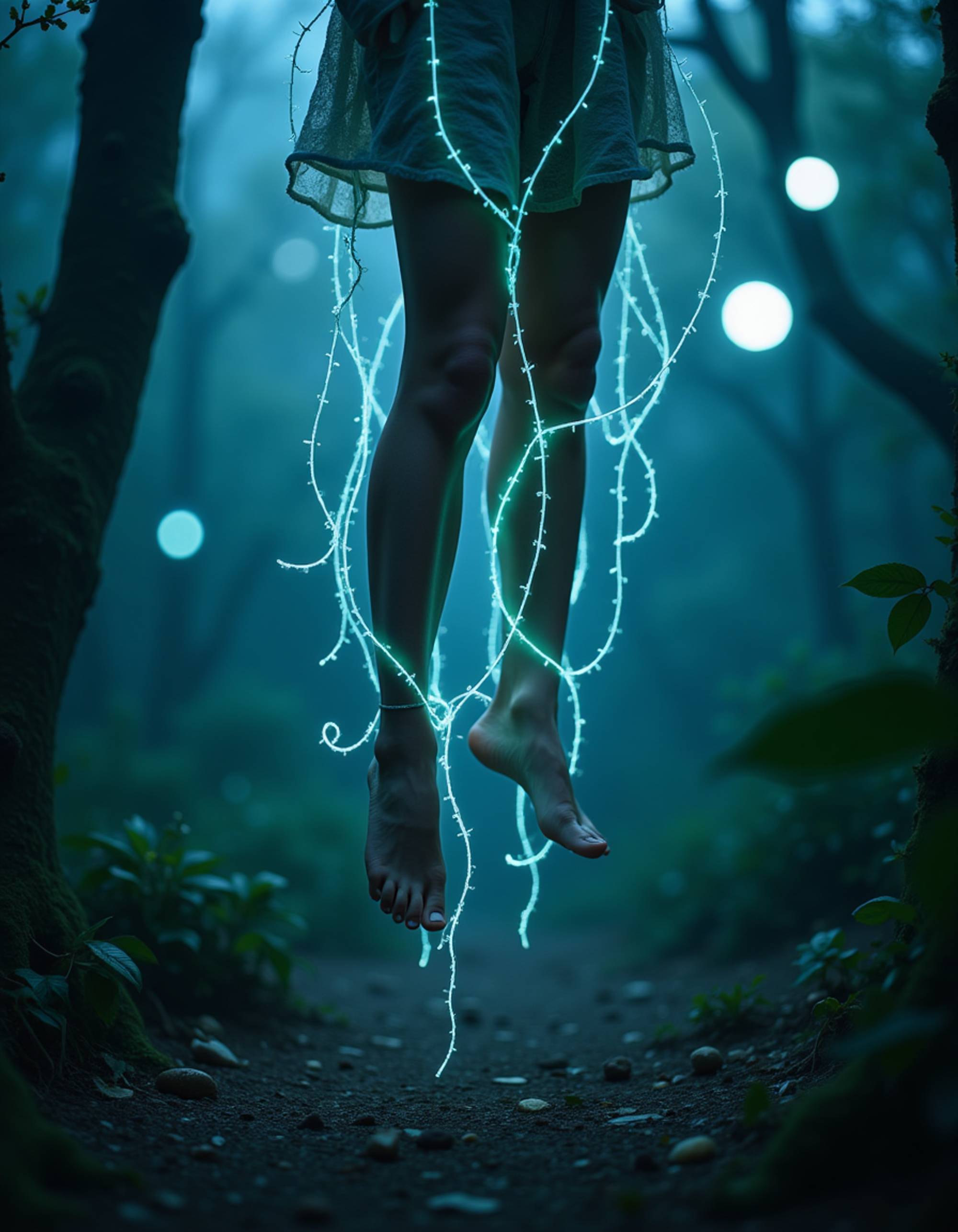 Model's bare feet suspended in mid-air, entangled in glowing, bioluminescent vines in a surreal, alien jungle with pulsating orbs floating nearby, also showing the bottom of feet.