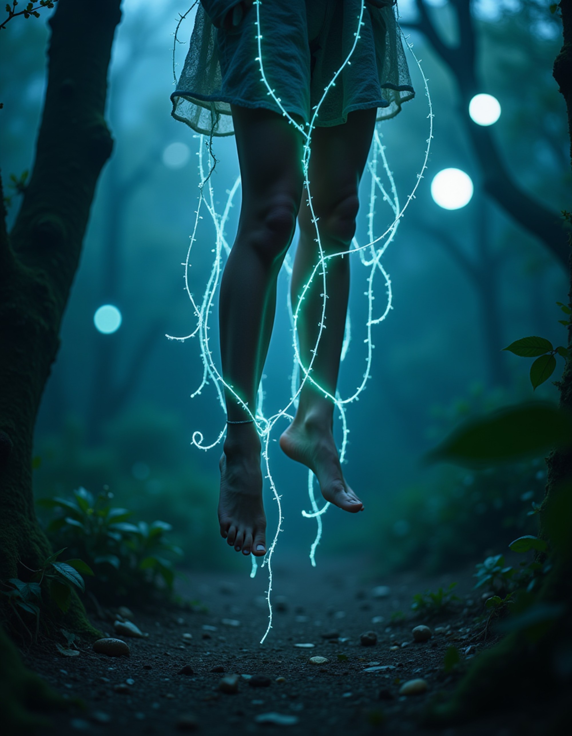 Model's bare feet suspended in mid-air, entangled in glowing, bioluminescent vines in a surreal, alien jungle with pulsating orbs floating nearby, also showing the bottom of feet.