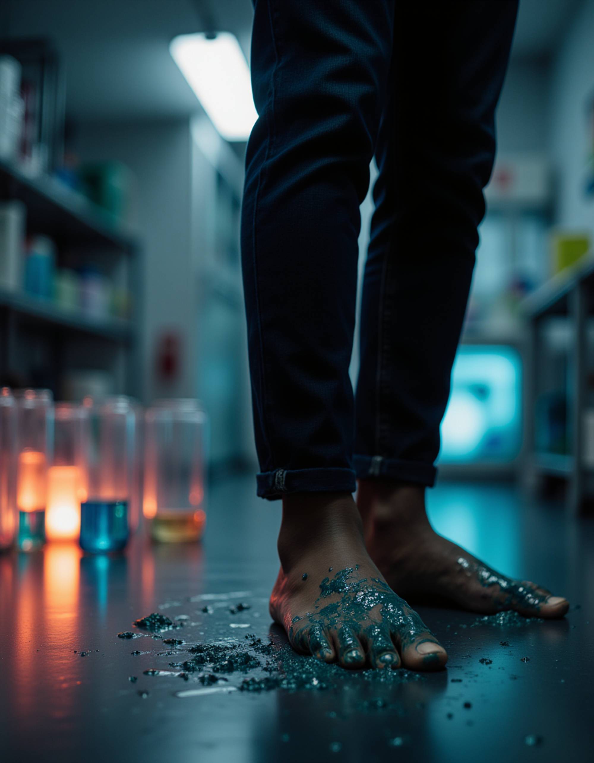 Model's bare feet smeared with iridescent slime, standing on a pulsating, organic floor in a dimly lit alien laboratory, with glowing test tubes in the background, also showing the bottom of feet.