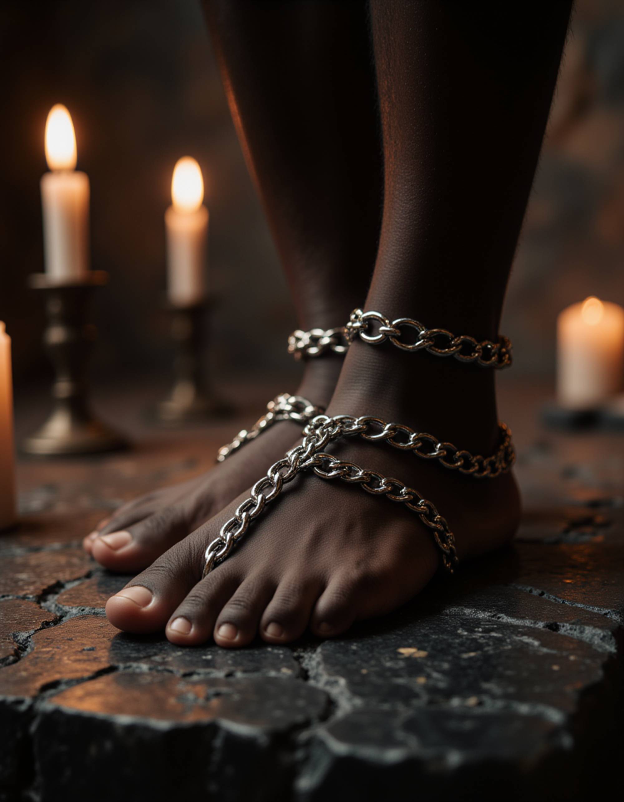 Close-up of model's feet wrapped in shimmering, metallic chains, resting on a cracked obsidian altar in a candlelit ritual chamber with cryptic symbols etched around, also showing the bottom of feet.