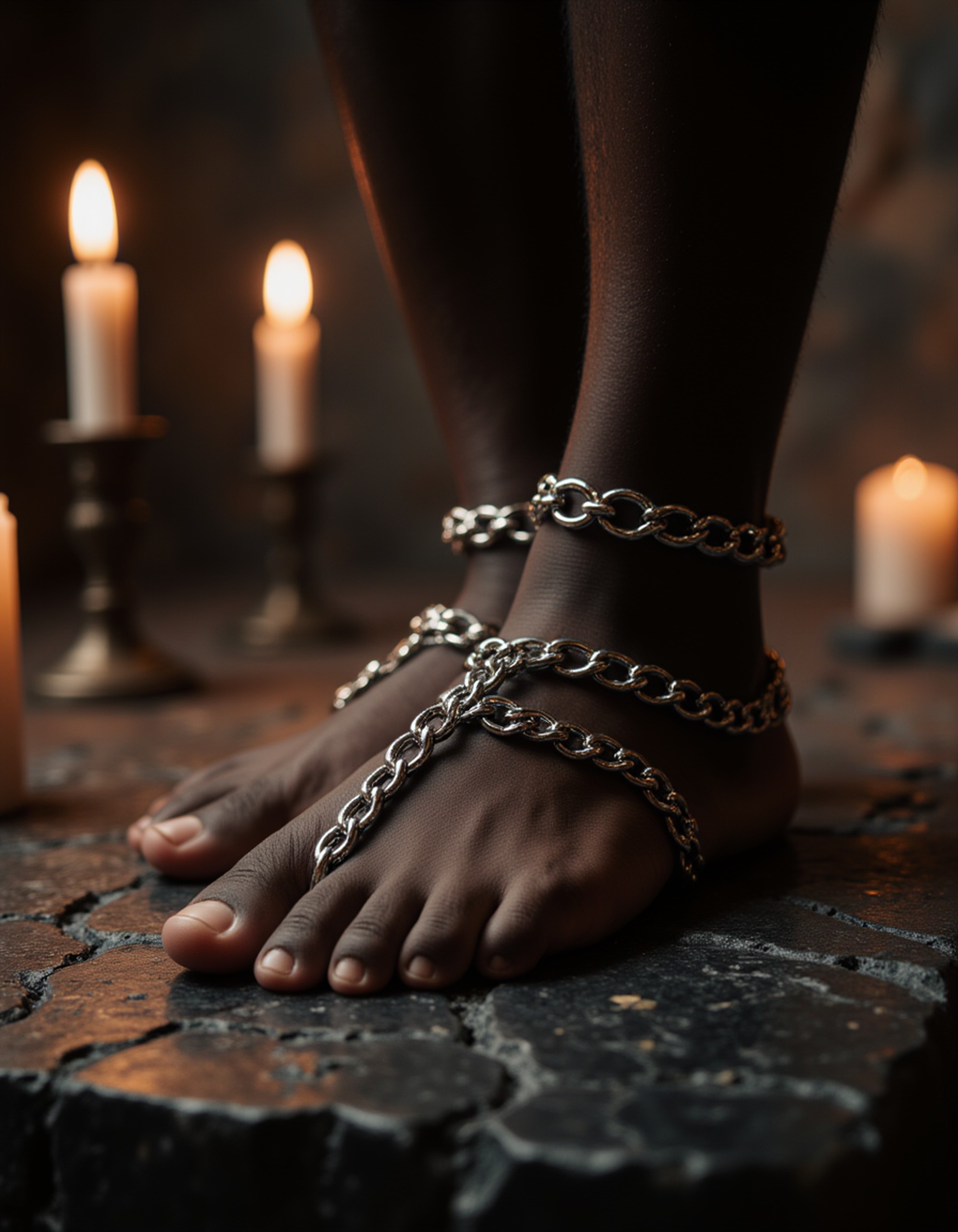 Close-up of model's feet wrapped in shimmering, metallic chains, resting on a cracked obsidian altar in a candlelit ritual chamber with cryptic symbols etched around, also showing the bottom of feet.