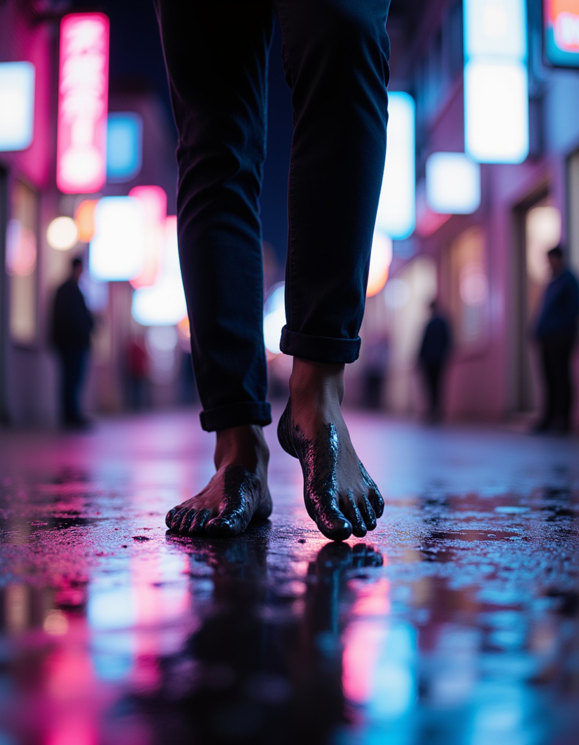 Model's bare feet coated in dark, sticky tar, stepping on a glowing, holographic platform in a cyberpunk dystopia with neon signs flickering above, also showing the bottom of feet.