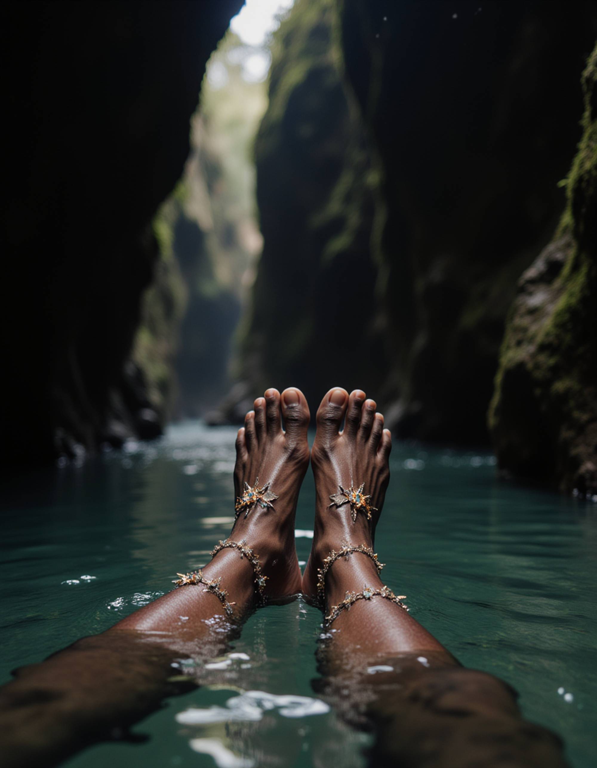 Model's feet adorned with jagged, crystalline anklets, submerged in a pool of viscous, glowing liquid in a cavernous, otherworldly grotto, also showing the bottom of feet.