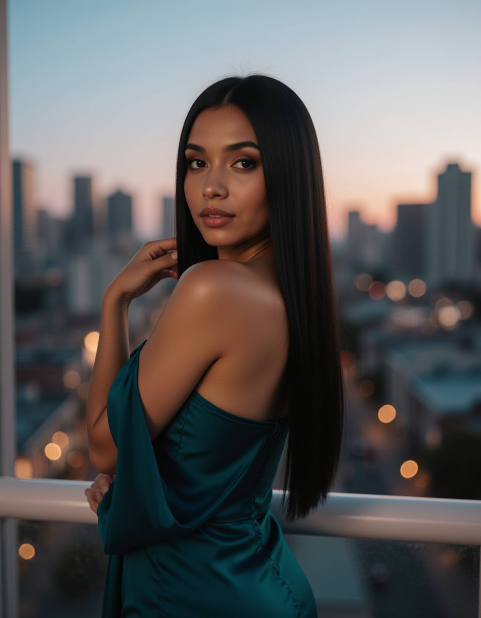 chic model in a teal silk chemise, posing on a balcony overlooking a vibrant city at dusk