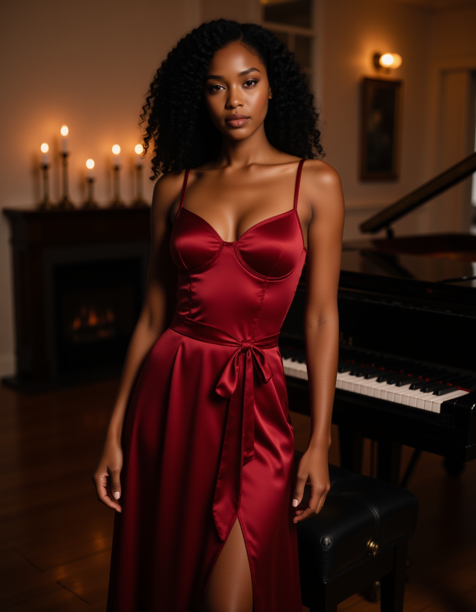 elegant model in a red satin corset and matching garter belt, standing by a grand piano in a candlelit room