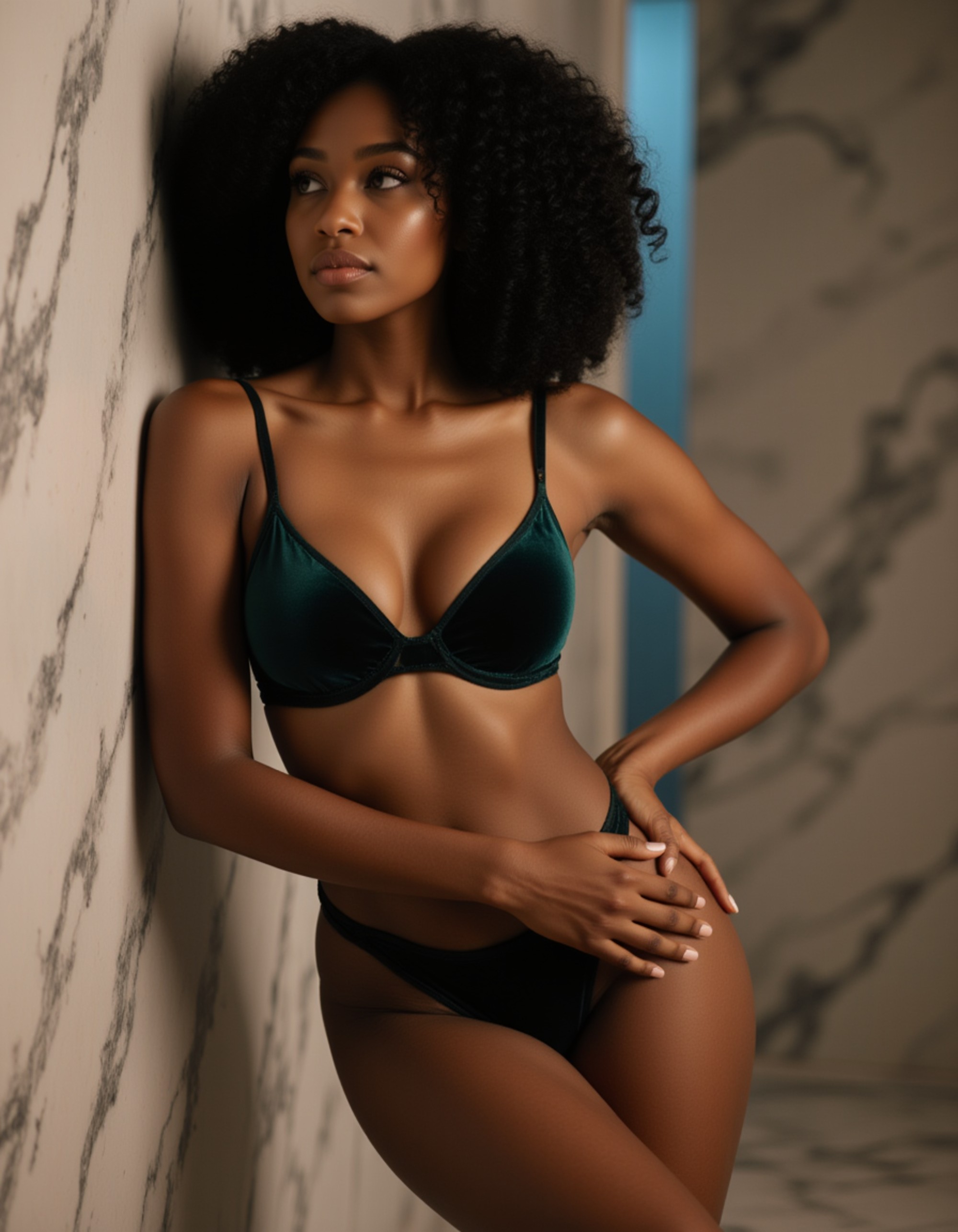 striking model in a deep emerald green velvet lingerie set, posing against a marble wall in a luxurious spa with ambient lighting