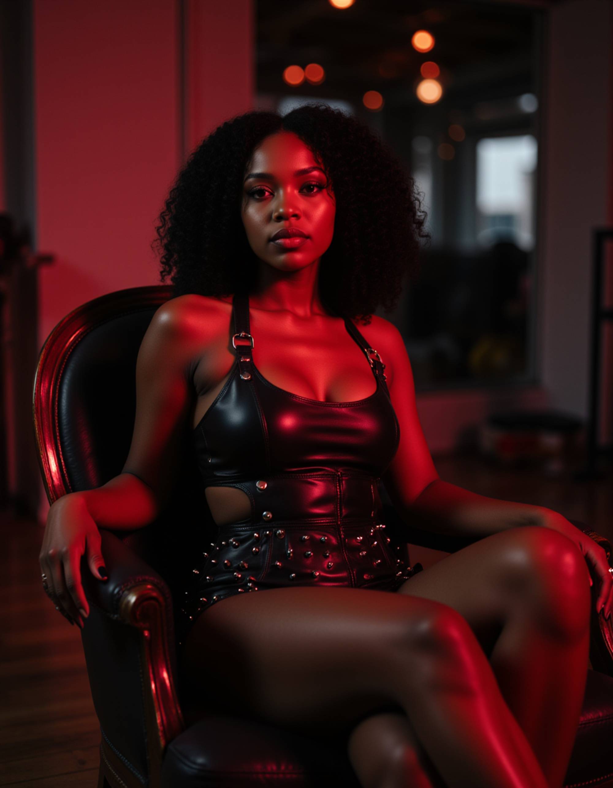 fierce model in a black leather harness with chrome spikes, reclining on a mirrored chaise in a dimly lit industrial loft with flashing strobe lights