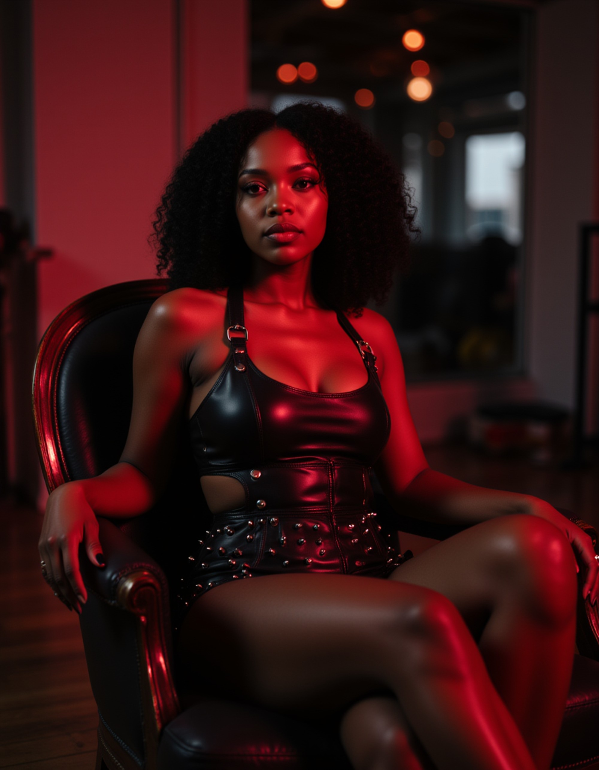 fierce model in a black leather harness with chrome spikes, reclining on a mirrored chaise in a dimly lit industrial loft with flashing strobe lights