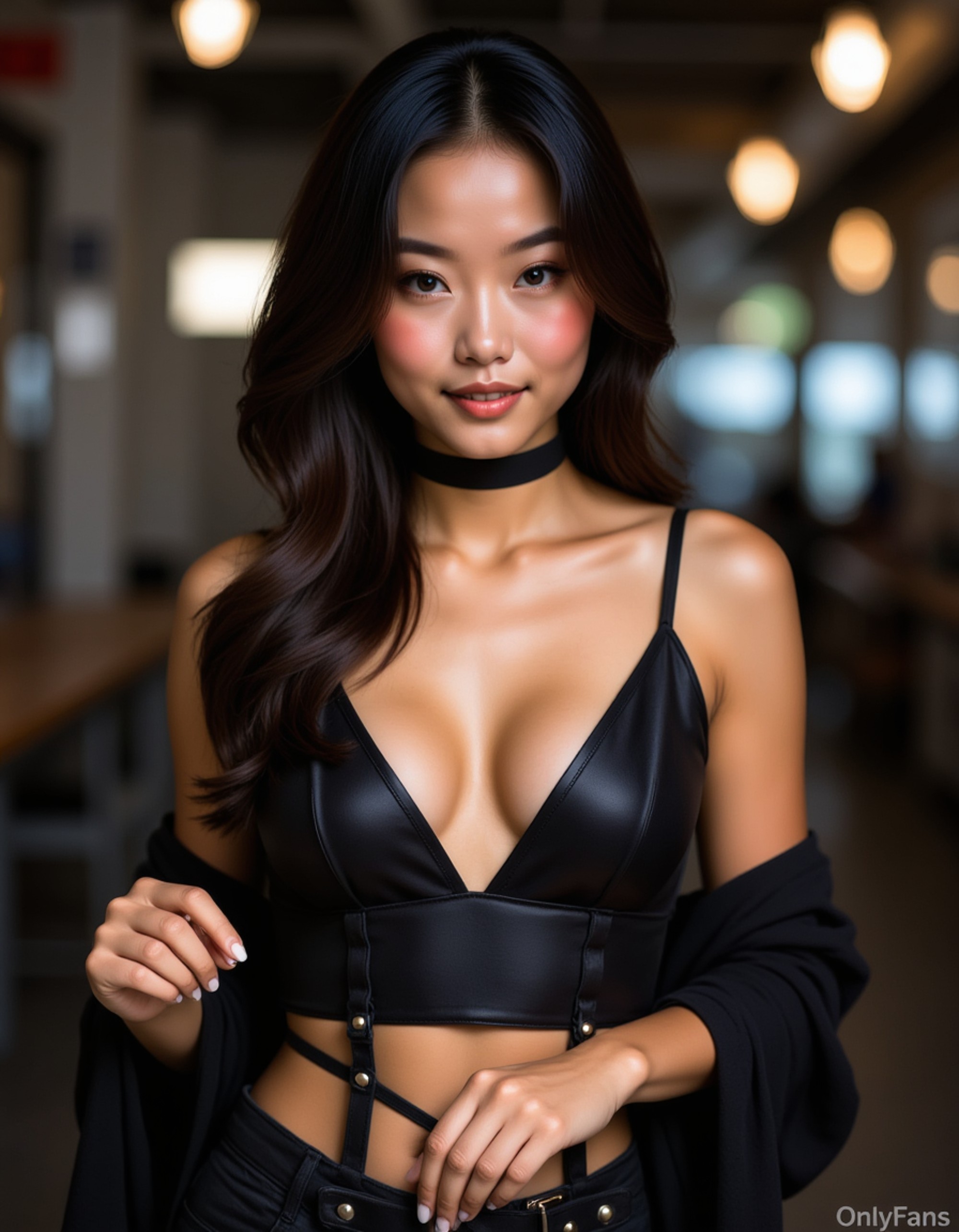 captivating model in a black leather harness with spiked details, posing on a rotating platform with flashing strobe lights for a sultry OnlyFans photoshoot