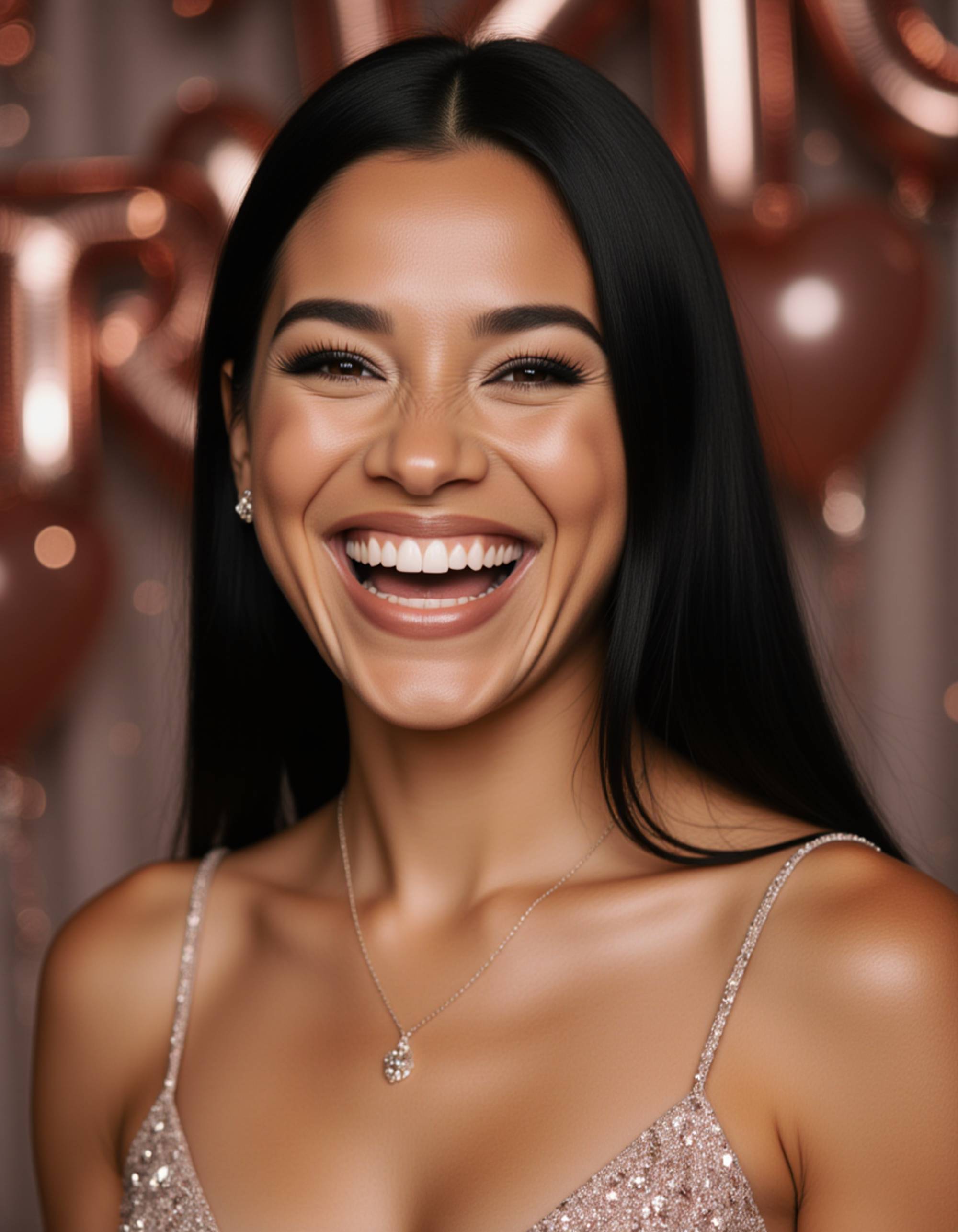 model laughing while being showered with rose gold confetti, wearing a metallic birthday dress and delicate jewelry, with soft studio lighting creating a magical celebration atmosphere