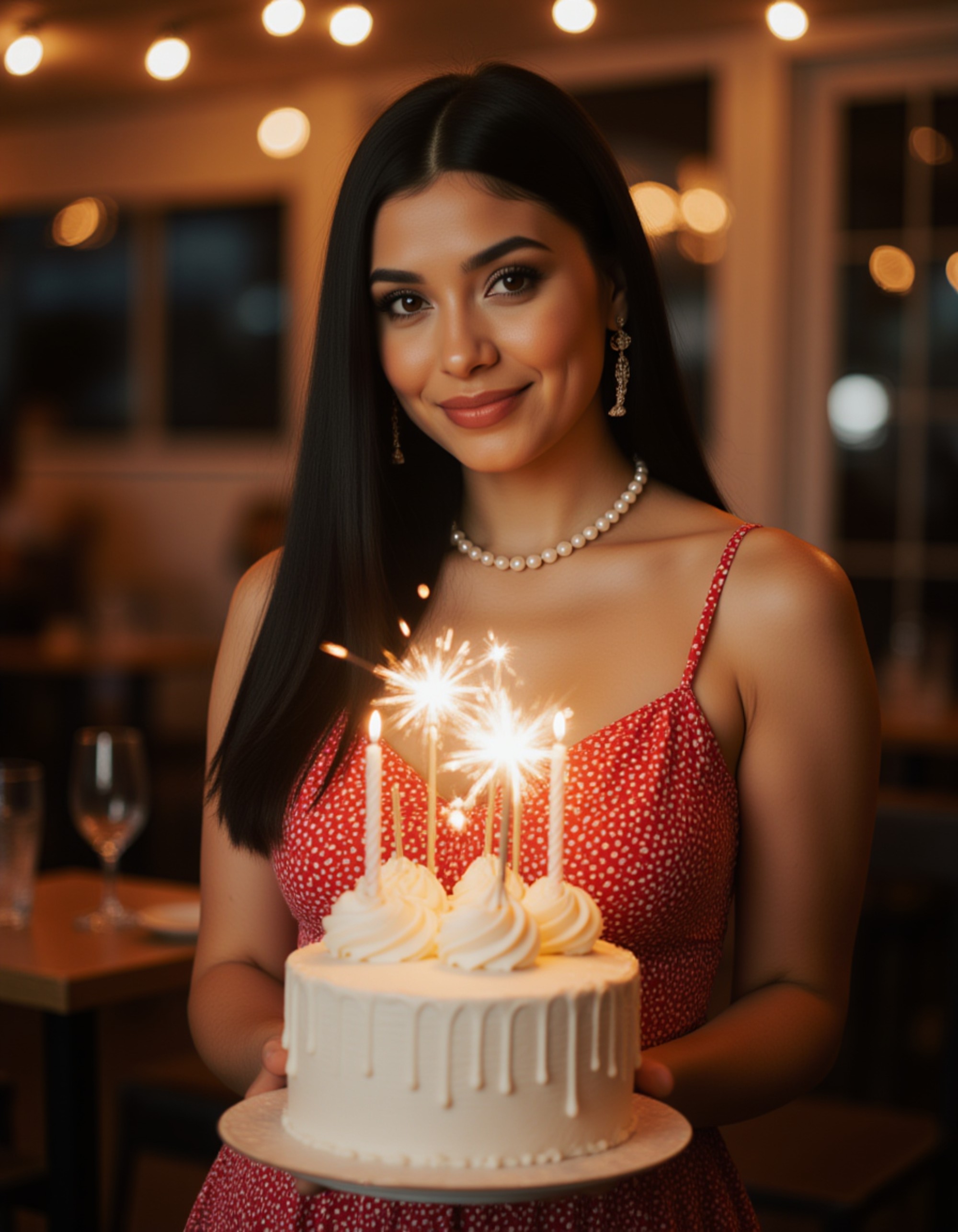 model holding a vintage-style birthday cake with dripping frosting and sparklers, wearing a retro polka dot dress and pearl accessories, in a classic party setting with string lights