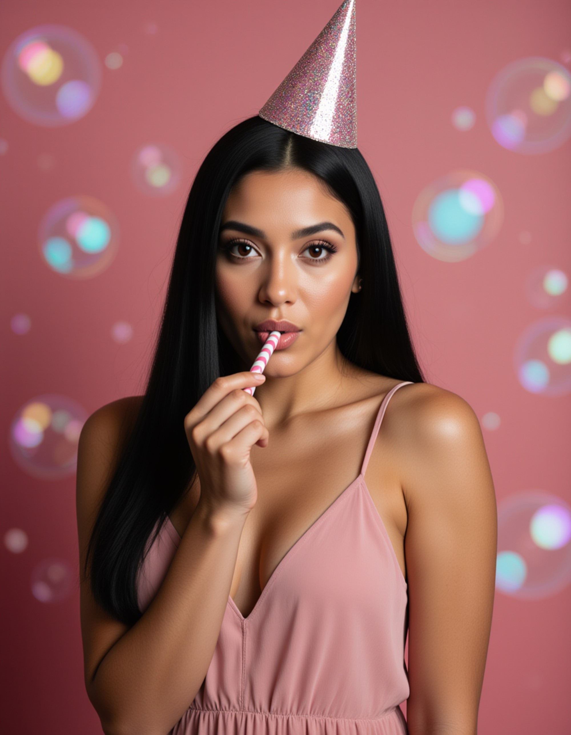 model blowing a party horn while wearing a glittery birthday crown and flowing chiffon dress, surrounded by iridescent bubble effects and dreamy bokeh lighting