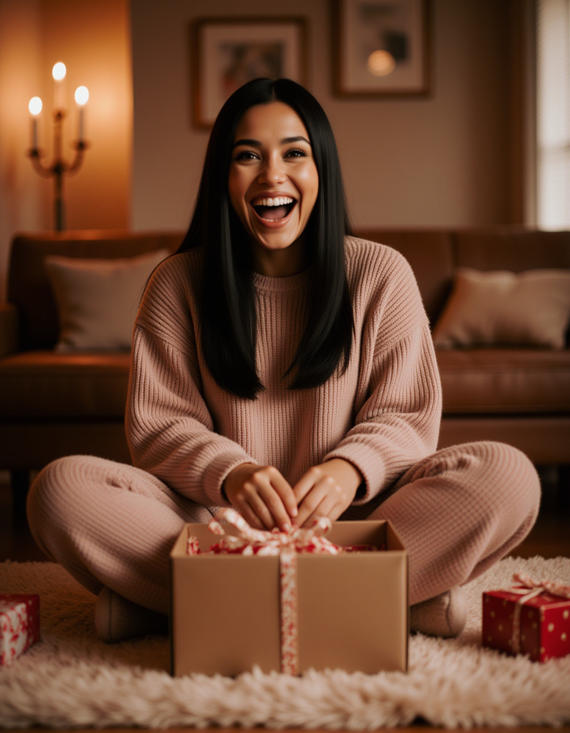 model sitting cross-legged on the floor opening a gift box with surprise expression, wearing cozy birthday pajamas and fuzzy slippers, with presents scattered around in warm candlelight