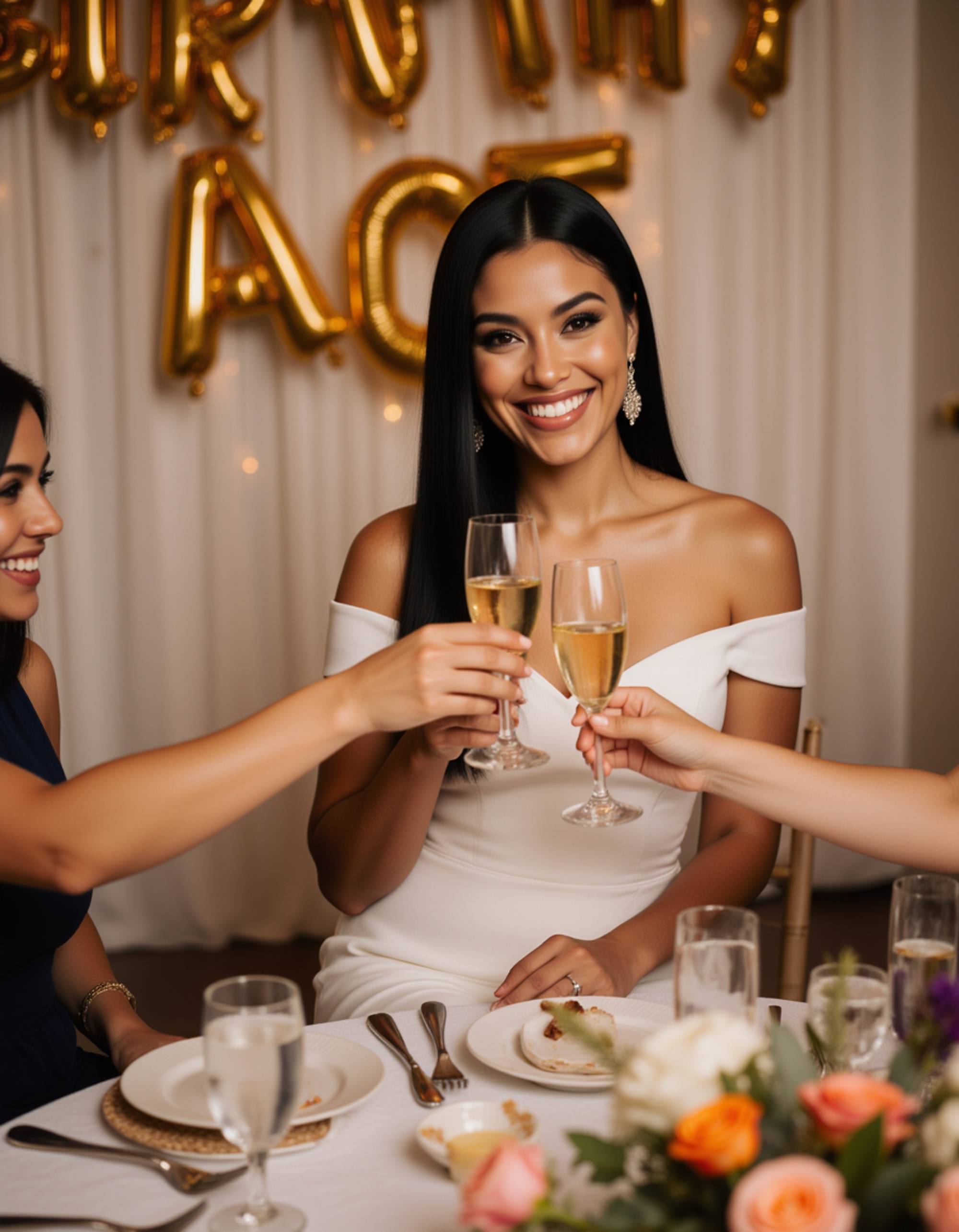 model toasting with friends' hands visible holding glasses, wearing an elegant off-shoulder birthday dress and statement earrings, with a sophisticated party table setup featuring gold accents and fresh flowers