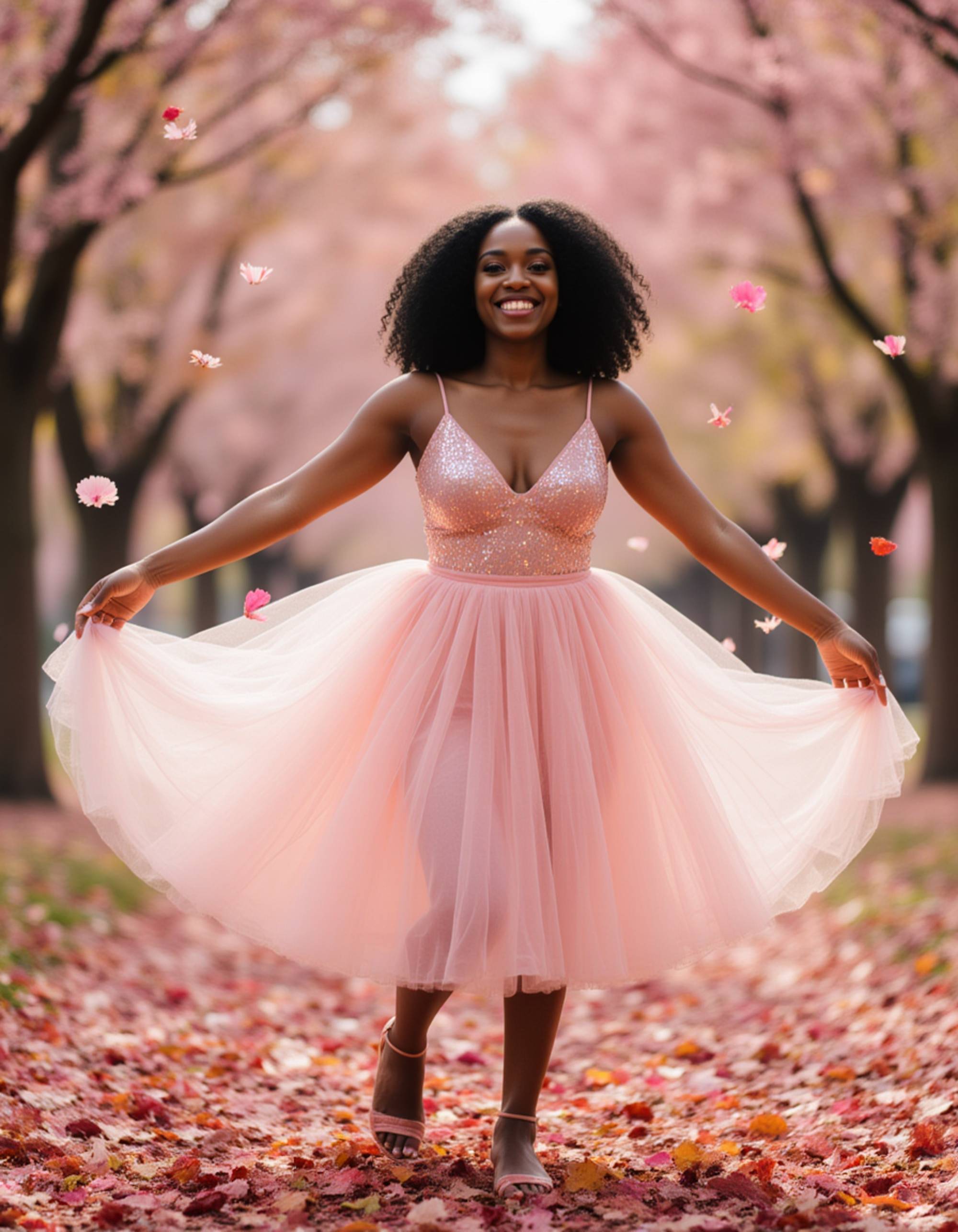 model spinning in a circle with arms outstretched wearing a tulle birthday skirt and sparkly top, with motion blur effects and floating petals creating a whimsical celebration scene