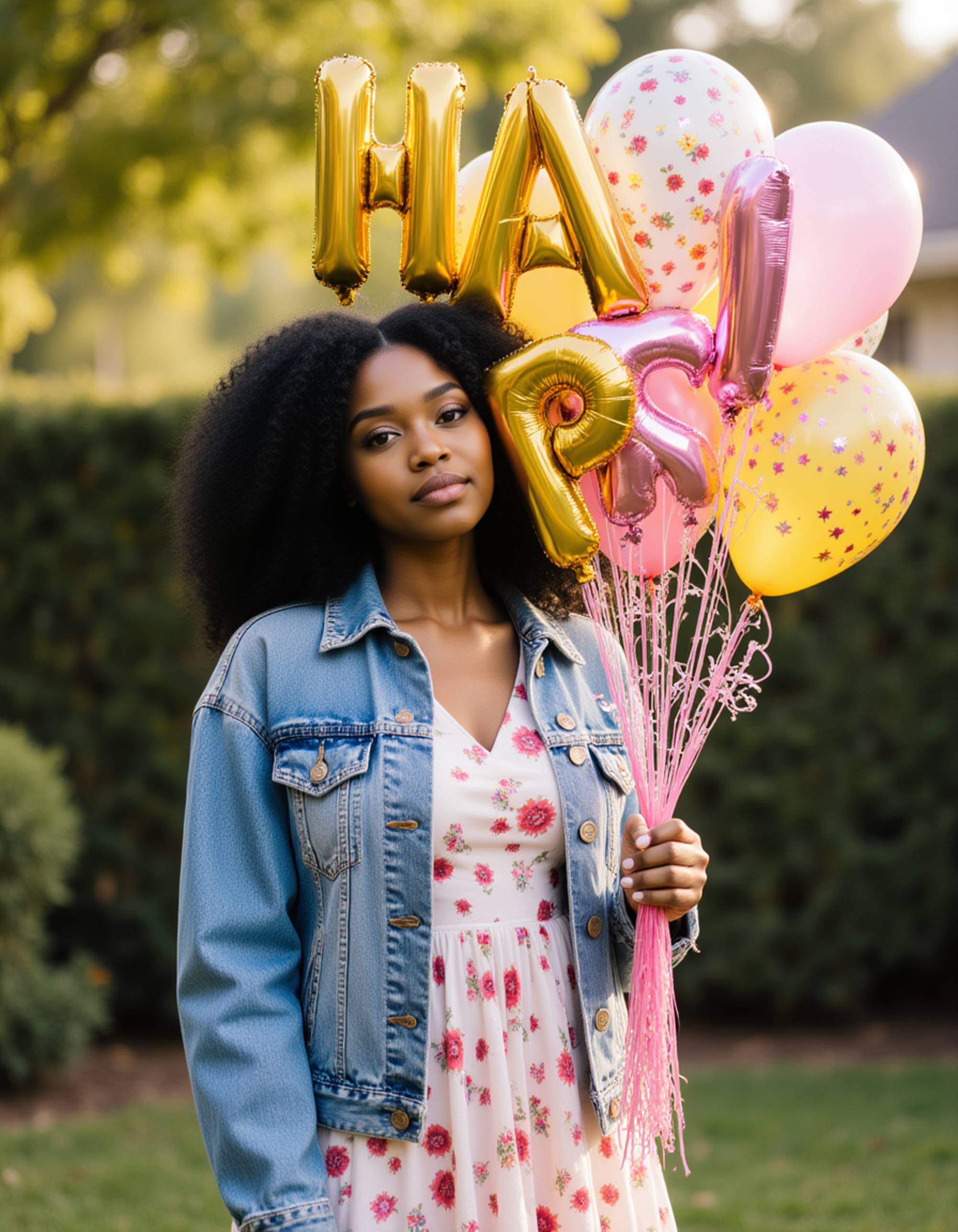 model holding a bouquet of birthday-themed balloons shaped like letters spelling HAPPY, wearing a casual denim jacket over a party dress, in an outdoor garden setting with natural sunlight