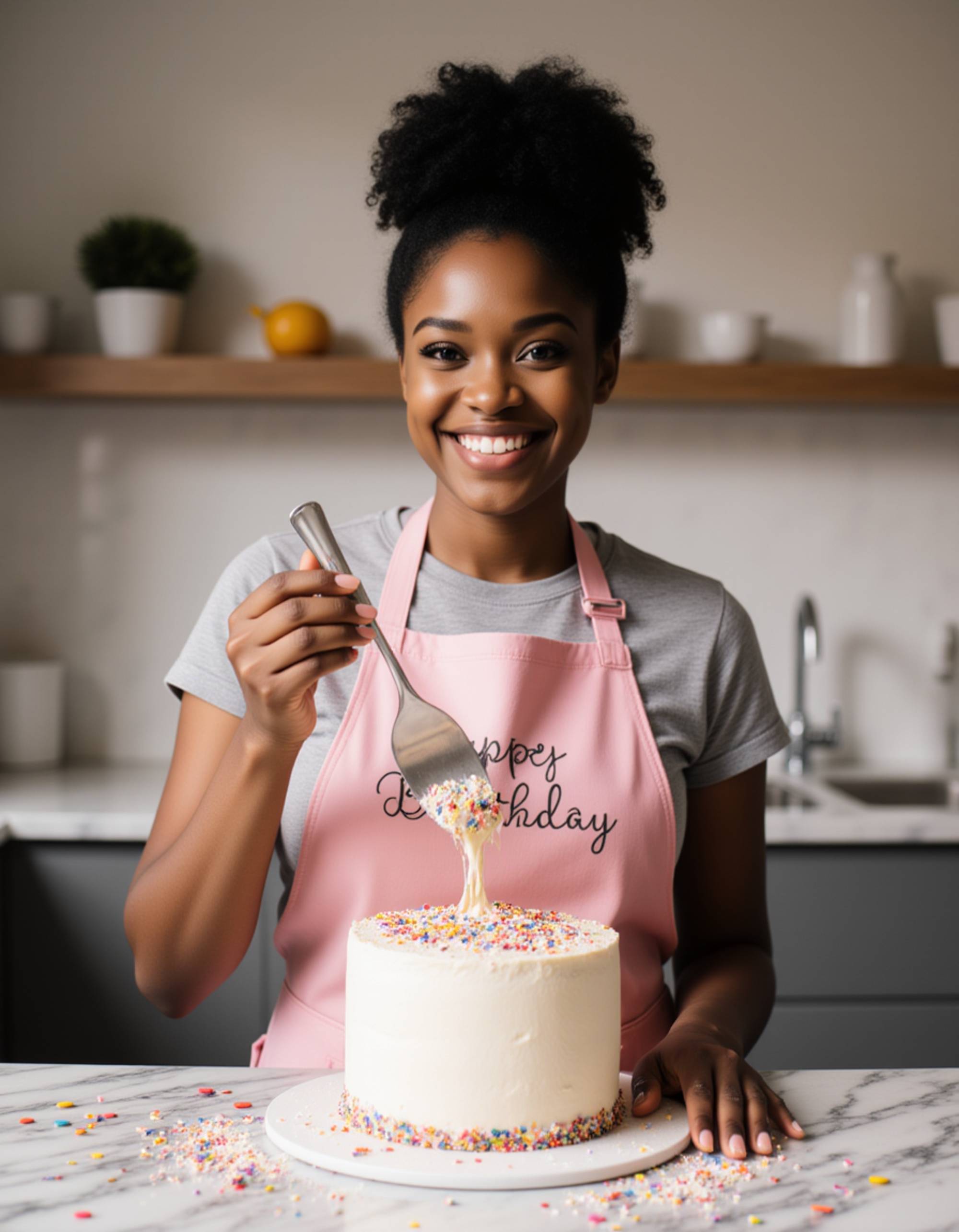 model feeding birthday cake to the camera with a playful smile, wearing a cute apron with birthday print and messy hair in a bun, in a cozy kitchen with colorful party supplies scattered around