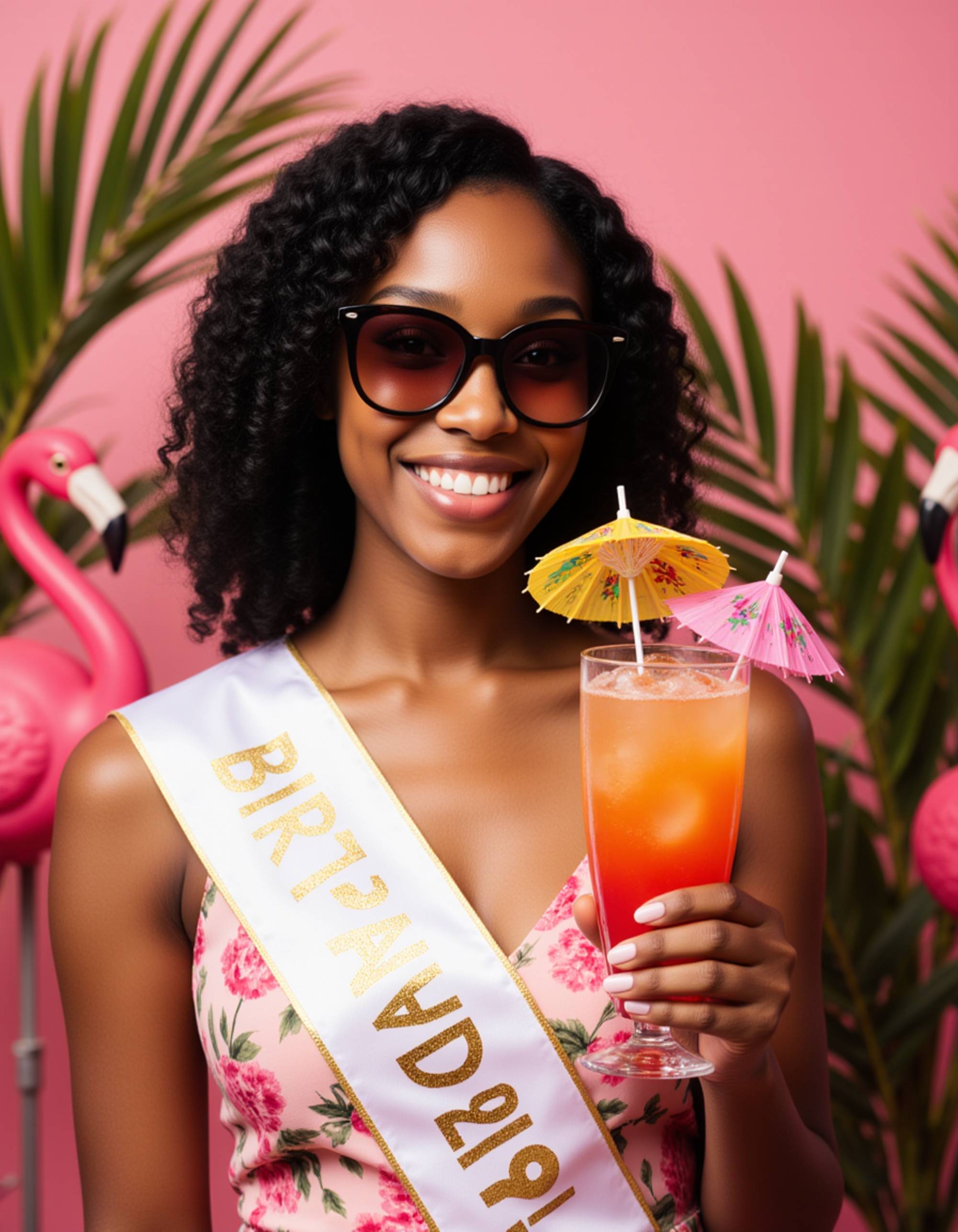 model wearing a birthday girl sash and oversized sunglasses, holding a tropical drink with umbrellas, in a vibrant summer party setup with flamingo decorations and palm leaves