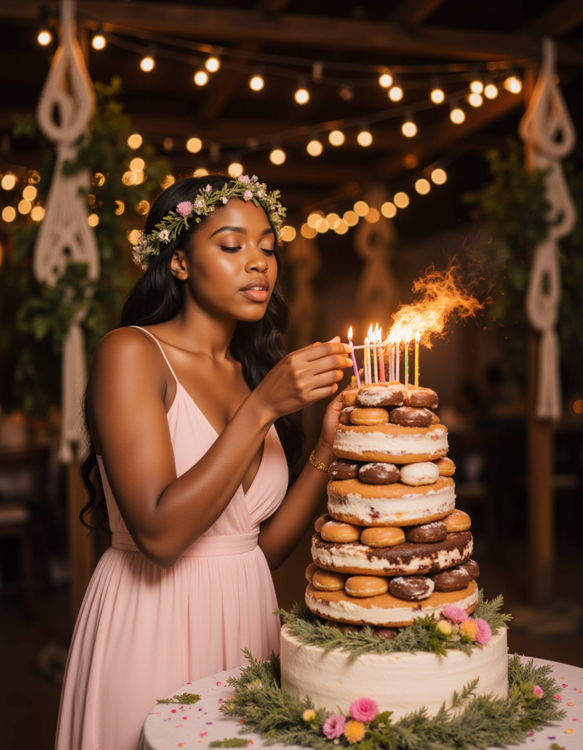 model blowing out candles on a donut tower cake while wearing a bohemian maxi dress and flower crown, with fairy lights and macramé decorations in a rustic celebration setting