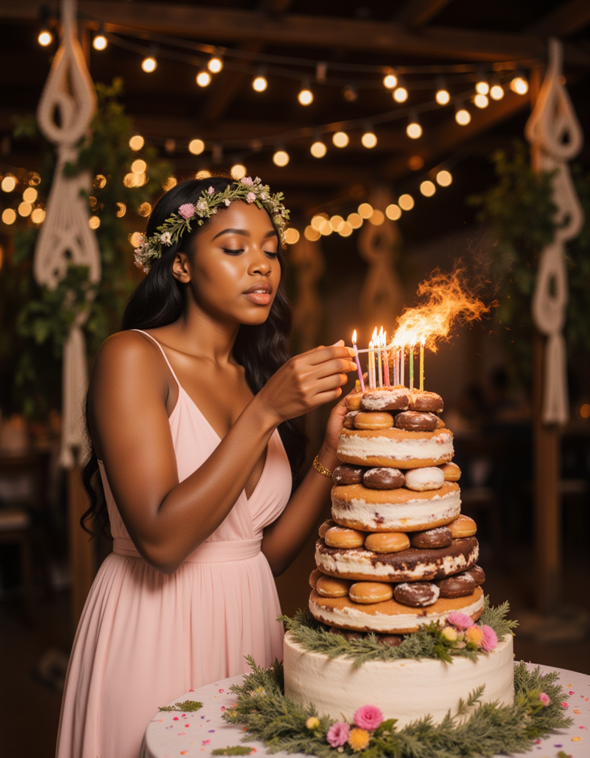 model blowing out candles on a donut tower cake while wearing a bohemian maxi dress and flower crown, with fairy lights and macramé decorations in a rustic celebration setting
