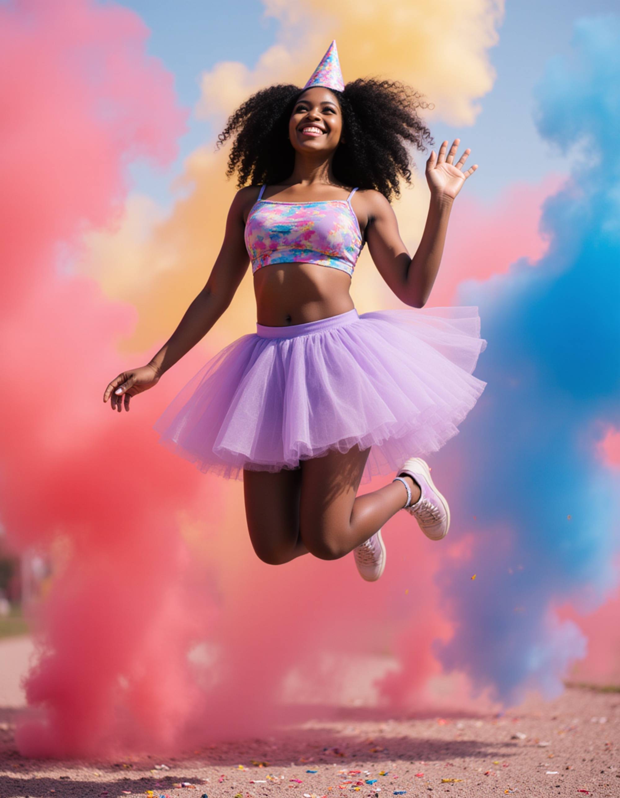 model jumping mid-air with excitement wearing a layered birthday tutu and crop top, with colorful smoke bombs creating a dynamic background and frozen confetti particles
