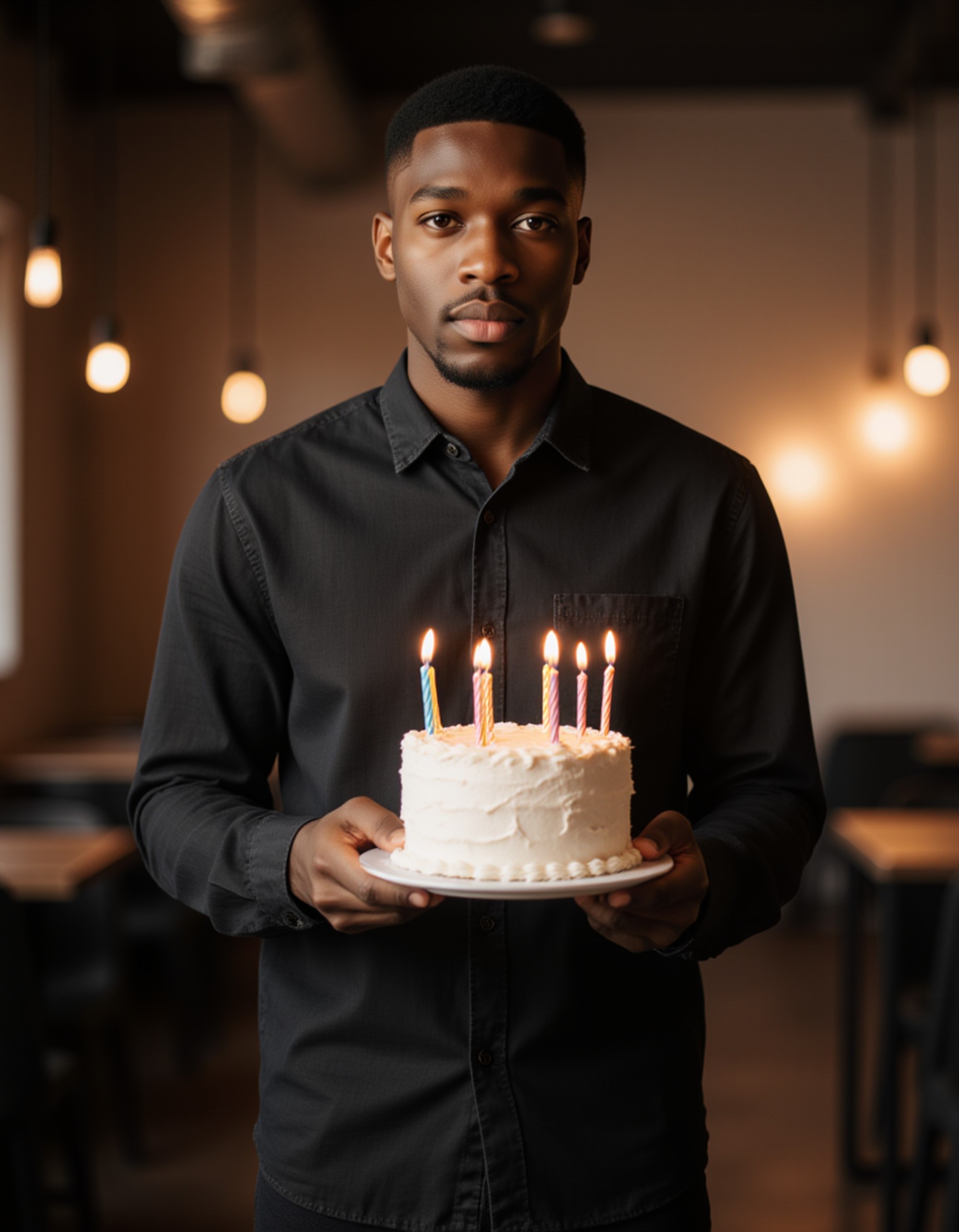 model blowing out candles on a sleek modern birthday cake, wearing a fitted button-down shirt and dark jeans, with industrial party decorations and warm ambient lighting