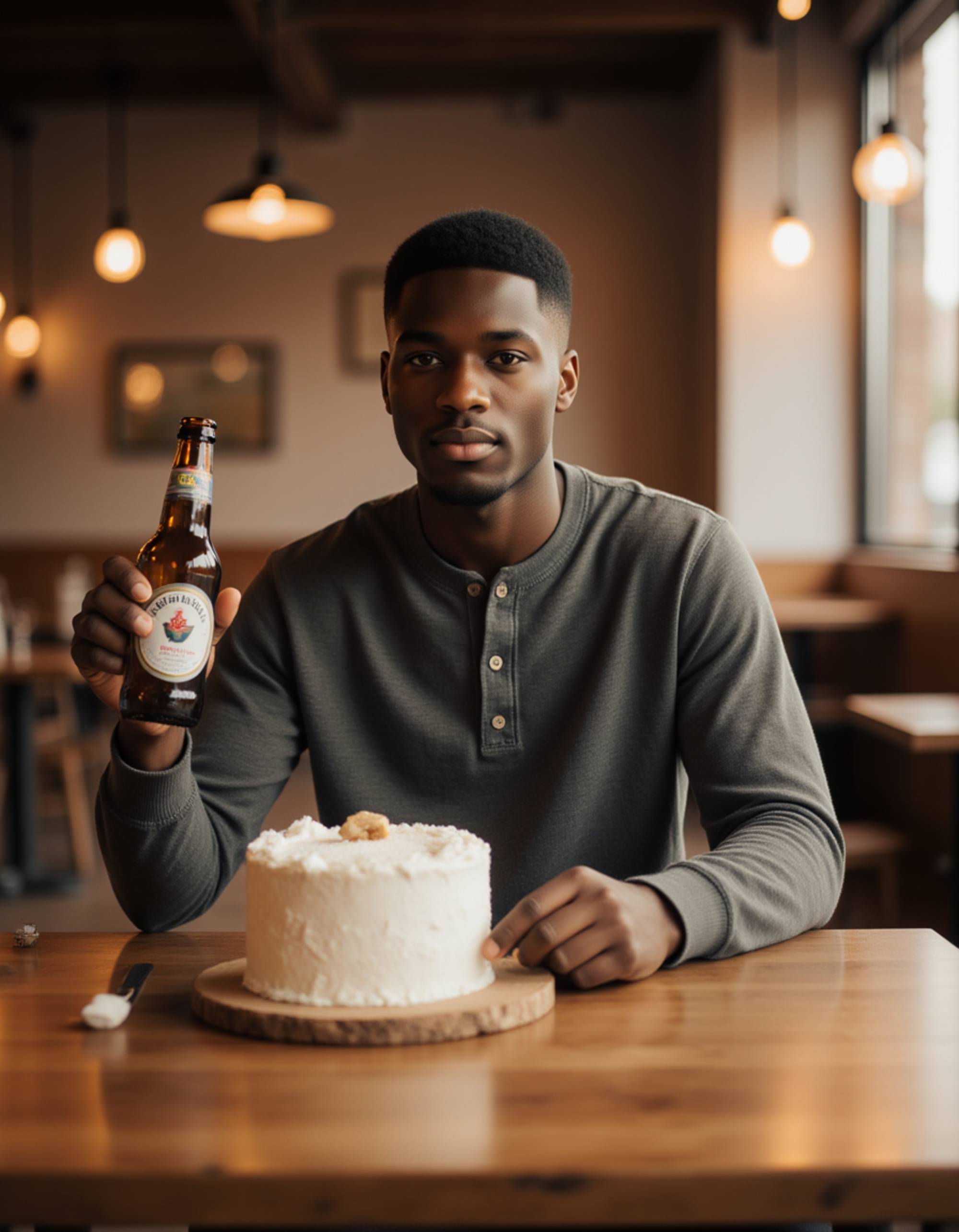 model holding a craft beer bottle while wearing a casual henley and watch, sitting at a rustic wooden table with birthday cake and vintage decorations in golden hour light