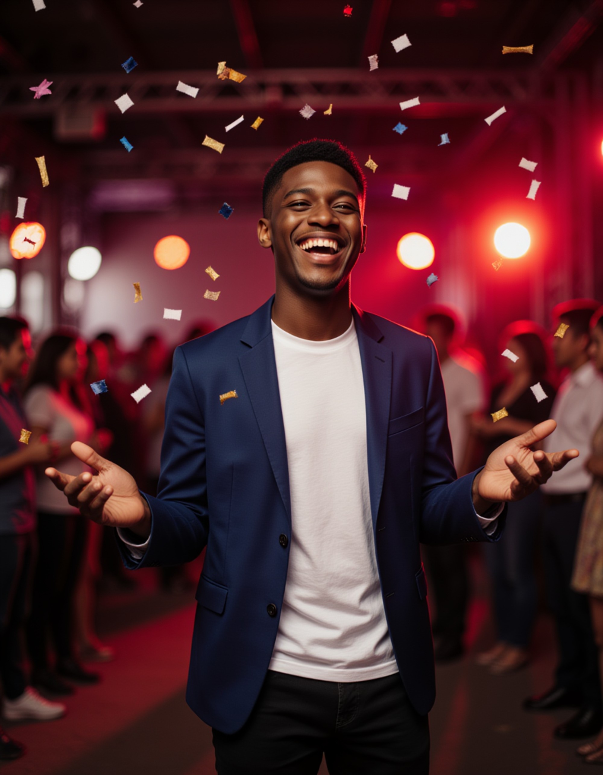 model laughing while throwing confetti in the air, wearing a sharp blazer over a t-shirt, with geometric party backdrop and dynamic lighting creating celebration energy