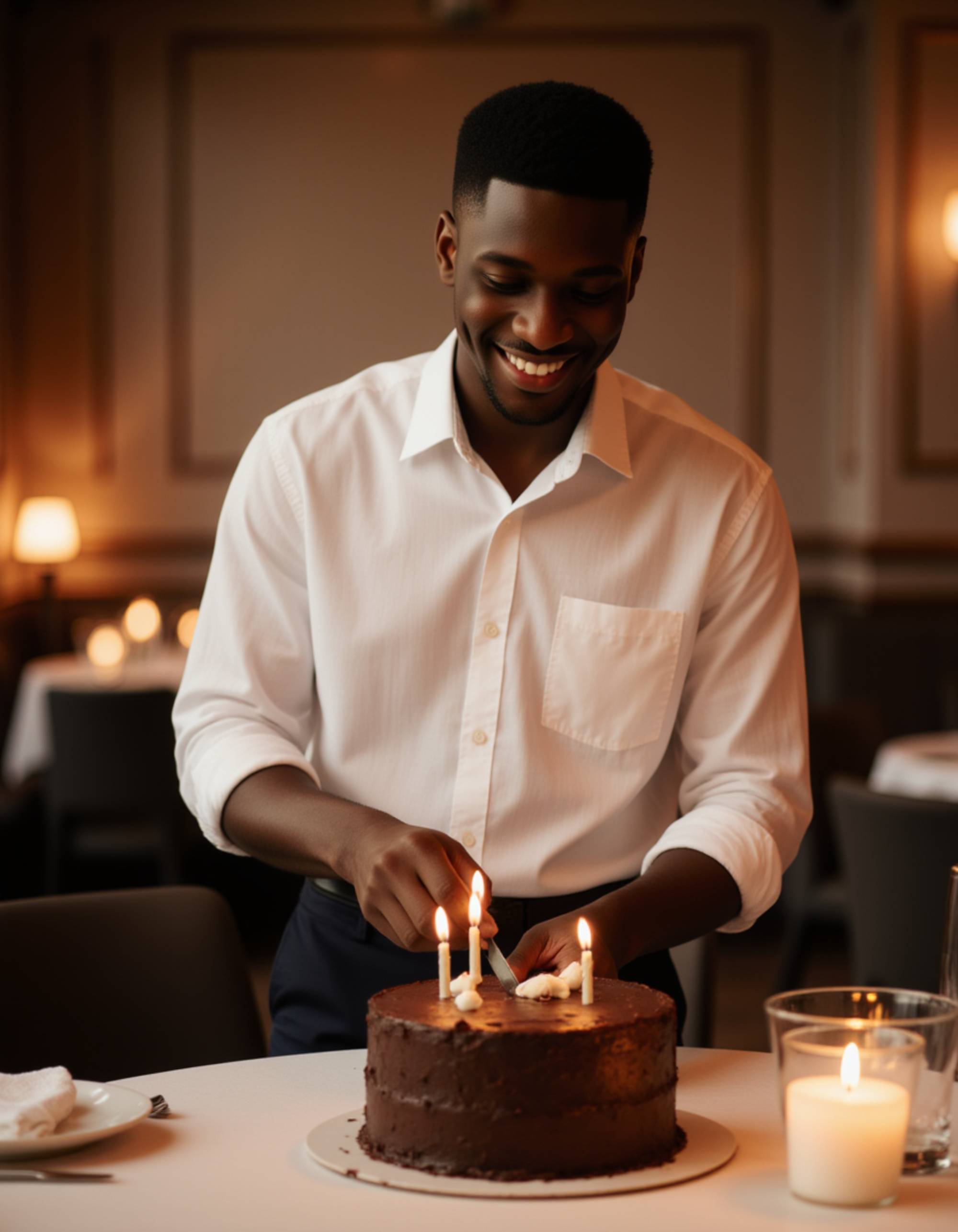 model cutting a chocolate birthday cake with a big smile, wearing a classic dress shirt with rolled sleeves, in a sophisticated dining setting with candles and elegant decorations
