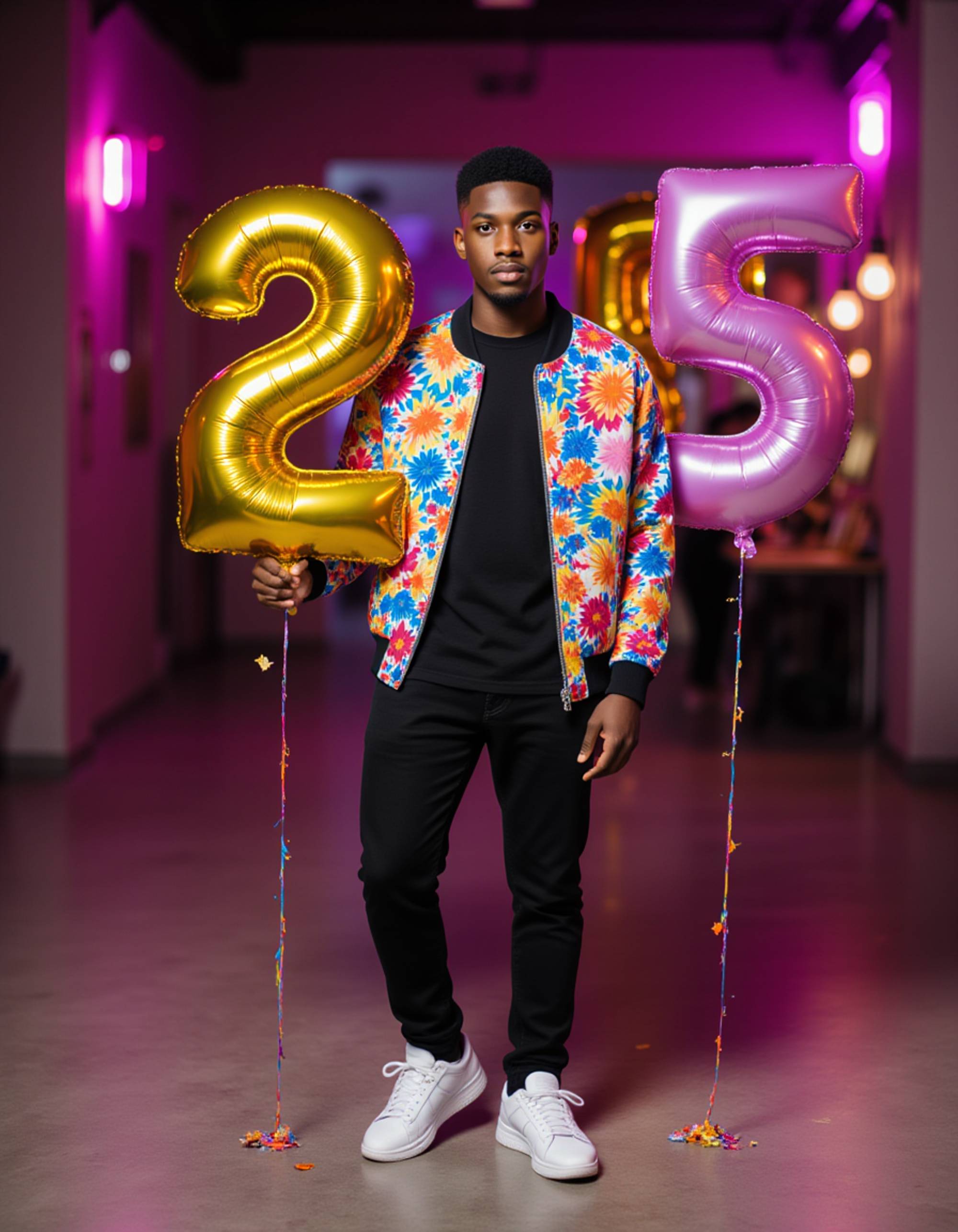 model posing with number balloons matching his age, wearing a trendy bomber jacket and sneakers, against an urban backdrop with neon party lights and modern decorations