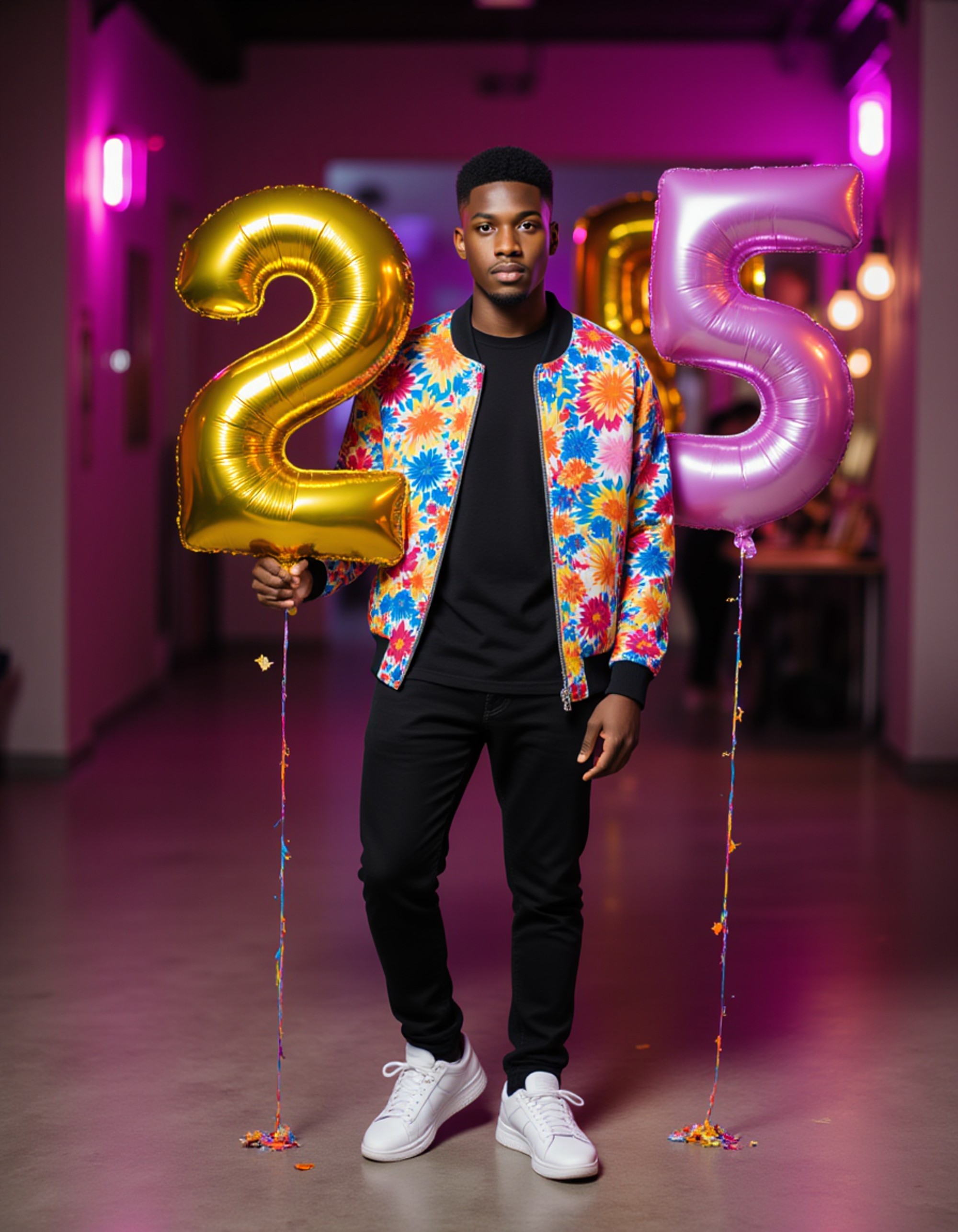 model posing with number balloons matching his age, wearing a trendy bomber jacket and sneakers, against an urban backdrop with neon party lights and modern decorations