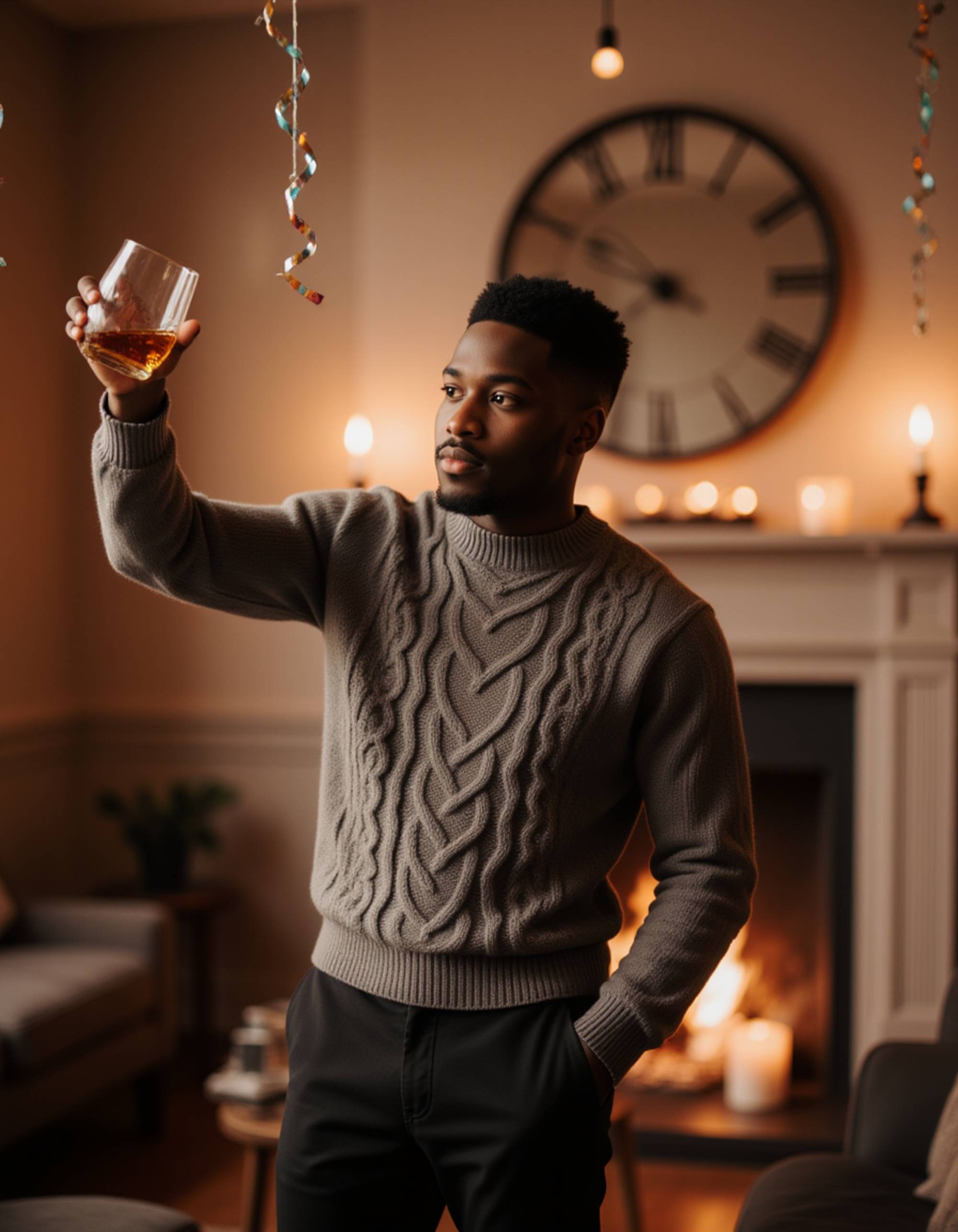 model making a toast with whiskey glass raised, wearing a smart casual sweater and pants, in a cozy living room setting with birthday streamers and warm fireplace lighting