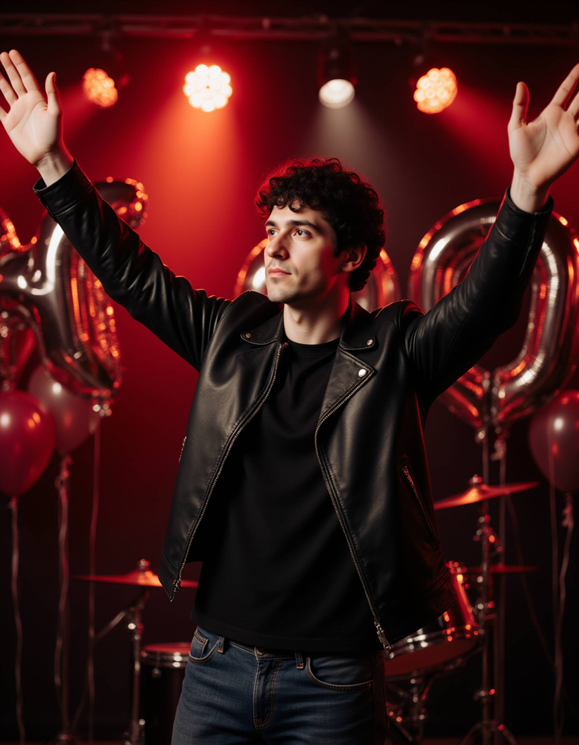 model celebrating with arms raised wearing a leather jacket and jeans, surrounded by metallic balloons and rock music party decorations with dramatic spotlighting