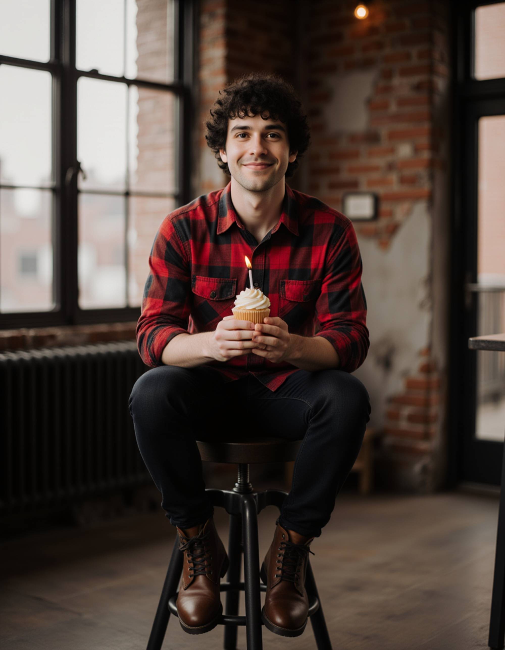 model sitting casually on a barstool holding a birthday cupcake with a single candle, wearing a flannel shirt and boots, in a modern loft setting with exposed brick walls