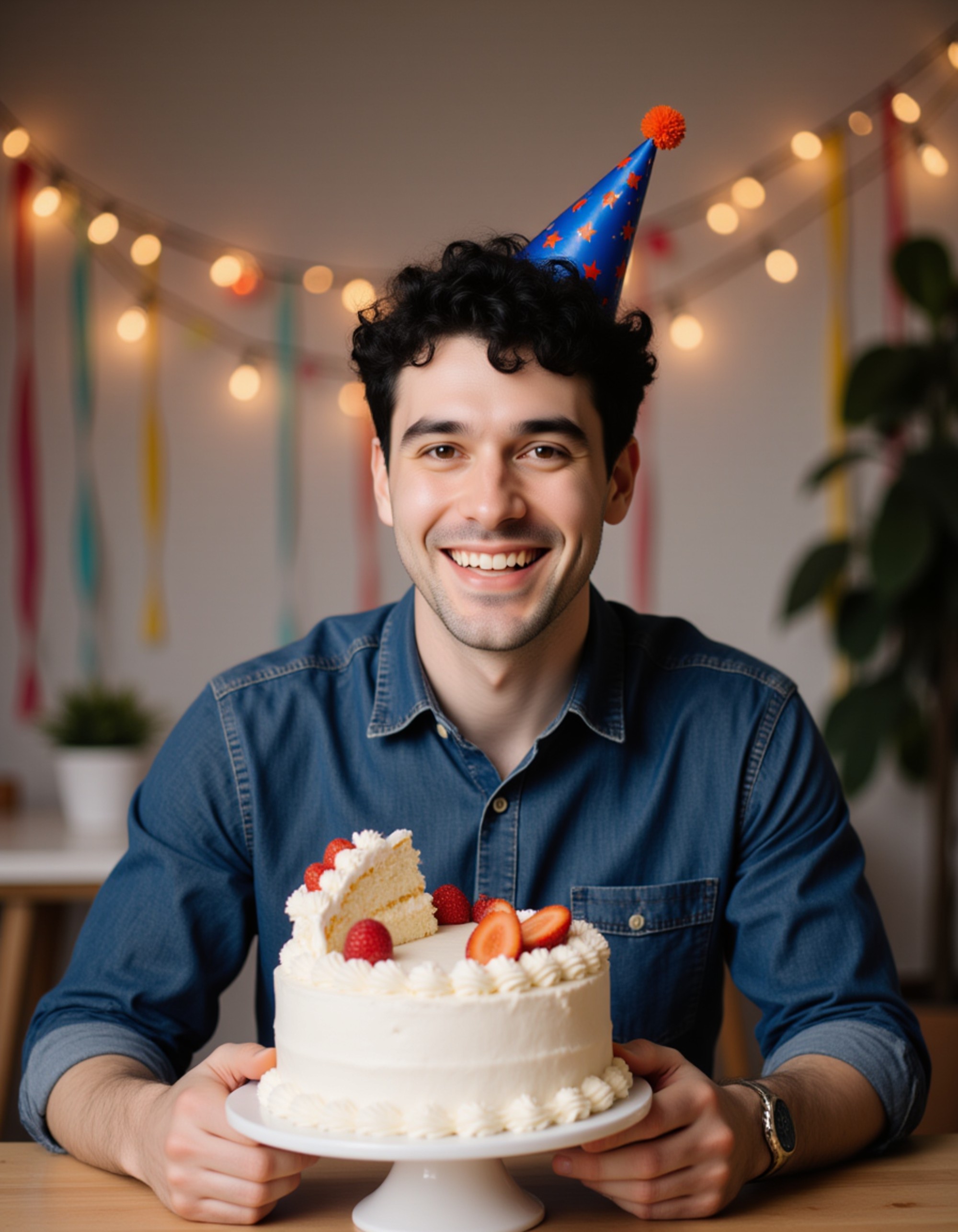 model wearing a birthday hat tilted at an angle and denim shirt, laughing while holding a slice of cake, with colorful streamers and party lights in a casual home setting