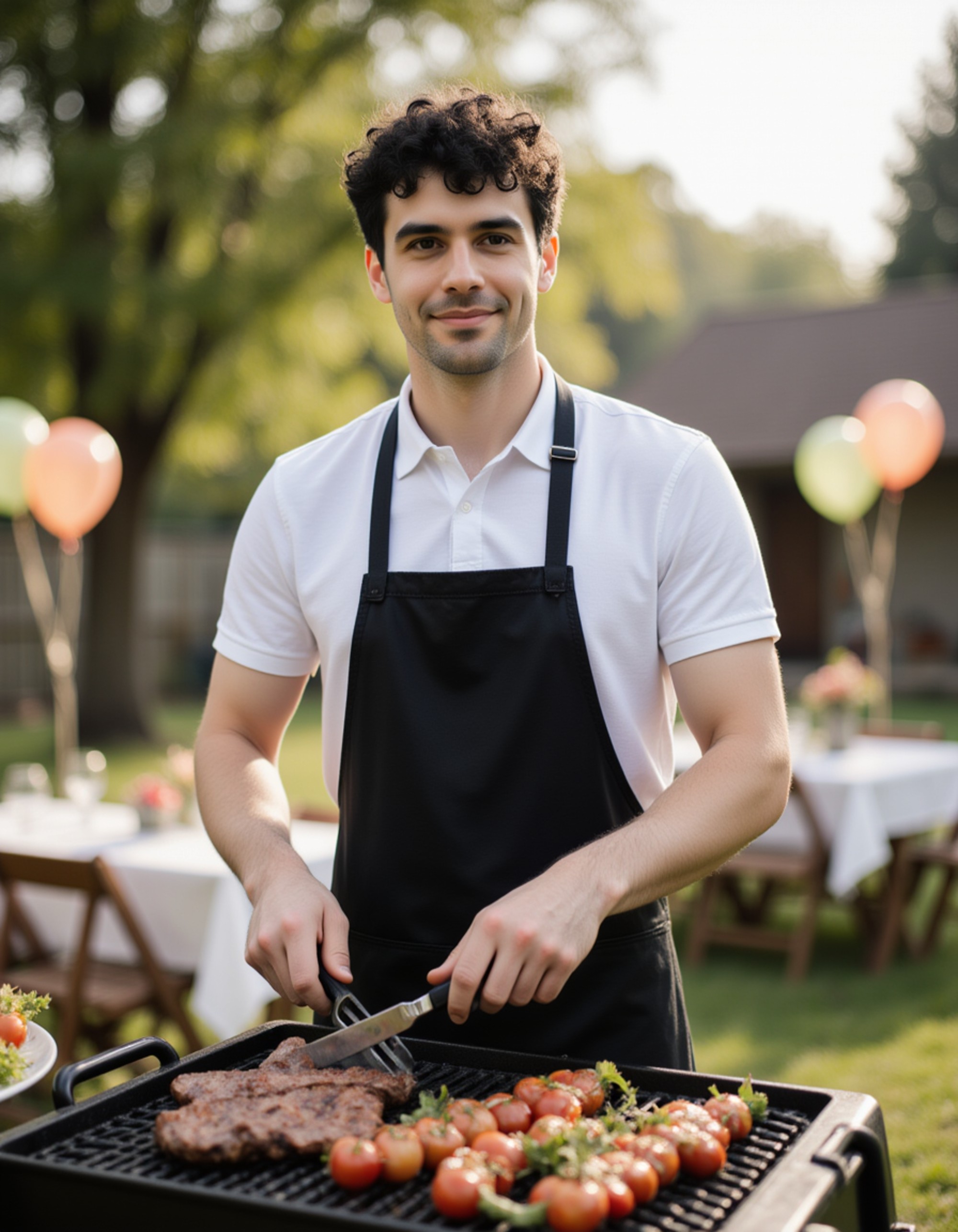 model grilling at a birthday barbecue wearing an apron over polo shirt, with outdoor party setup featuring balloons, picnic table, and sunny backyard atmosphere