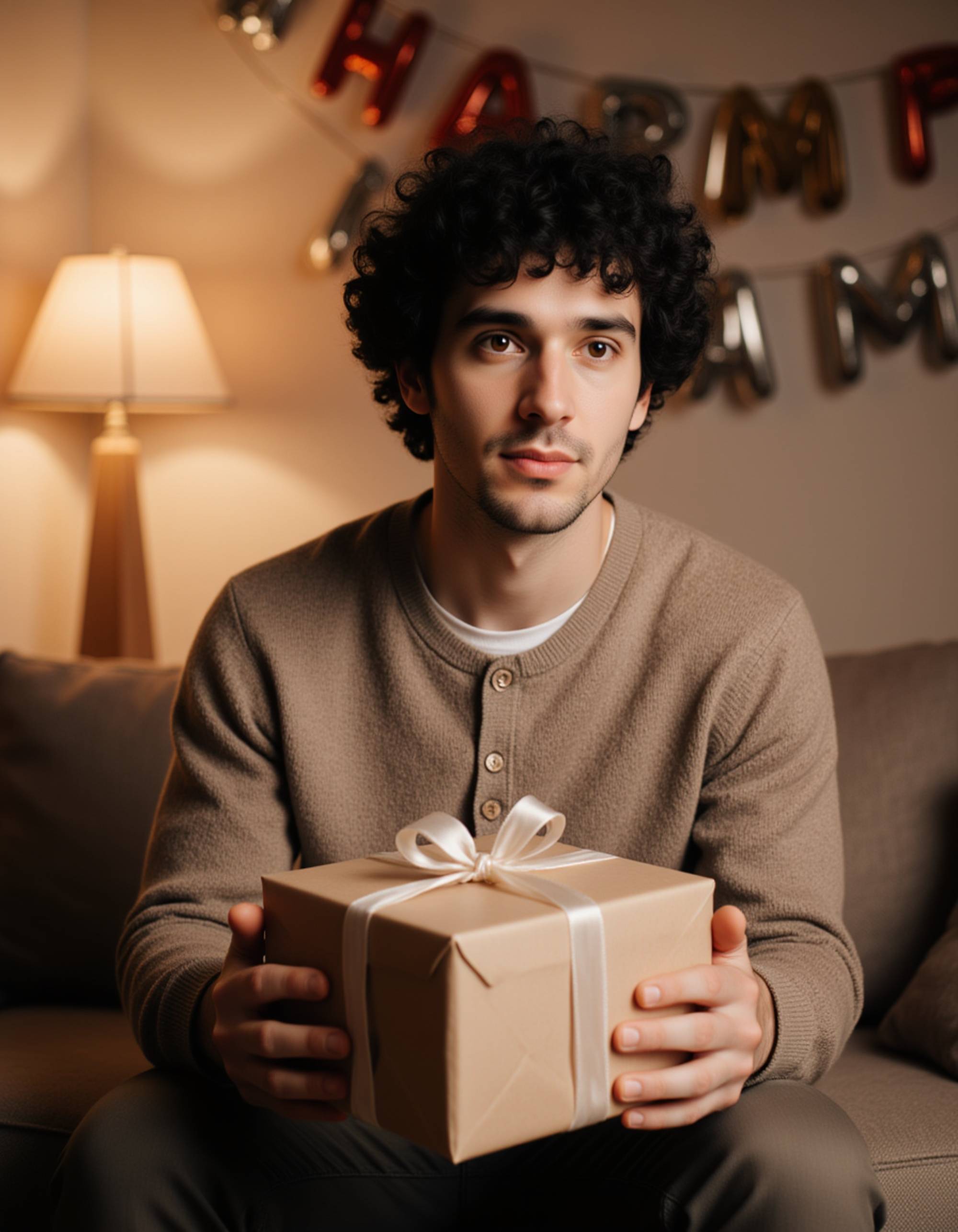 model opening a wrapped gift box with excitement, wearing a cozy cardigan and chinos, sitting on a couch with birthday decorations and warm living room lighting